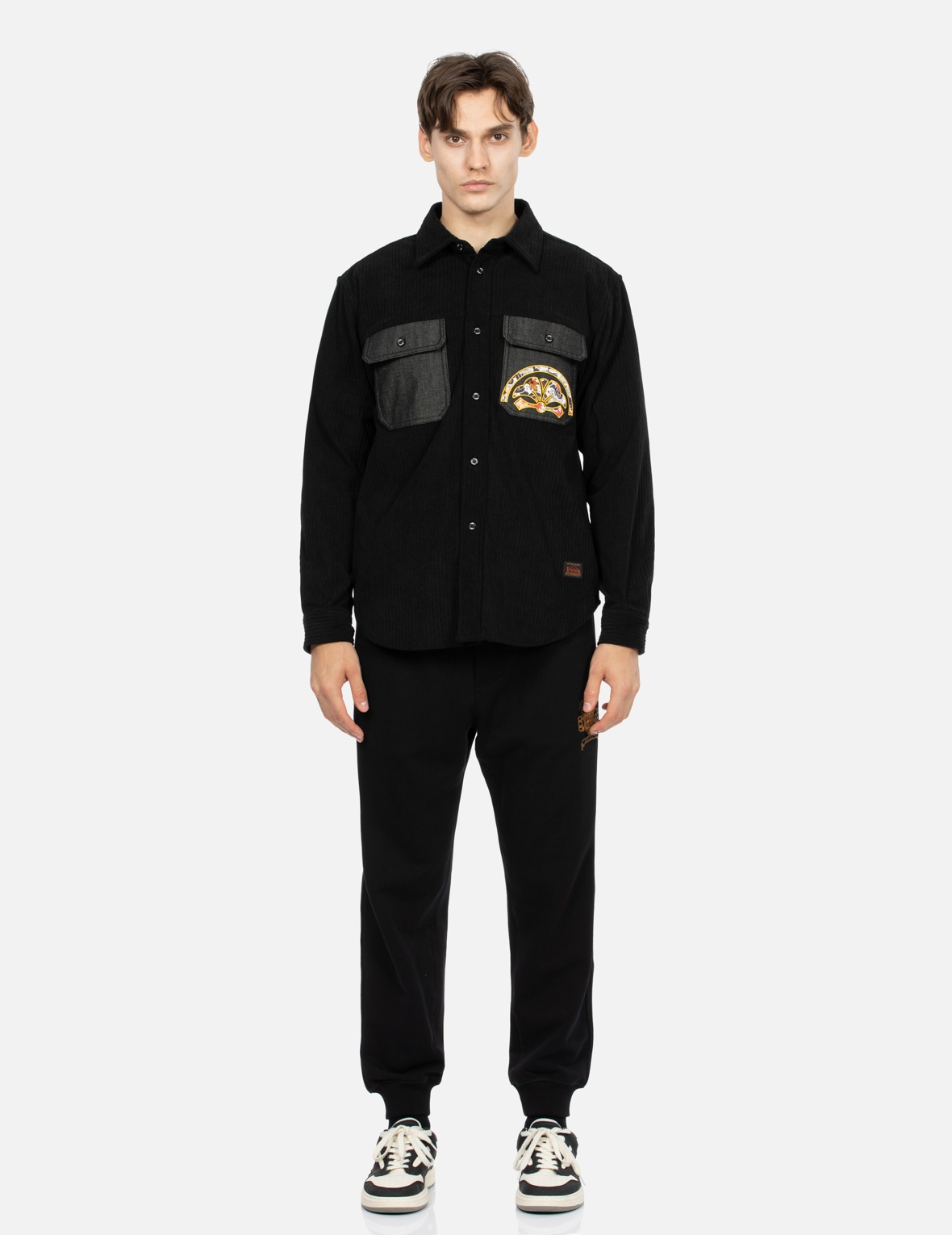 MAPLE LEAVE-PATTERN KAMON APPLIQUÉ RELAX FIT WORK SHIRT - 5