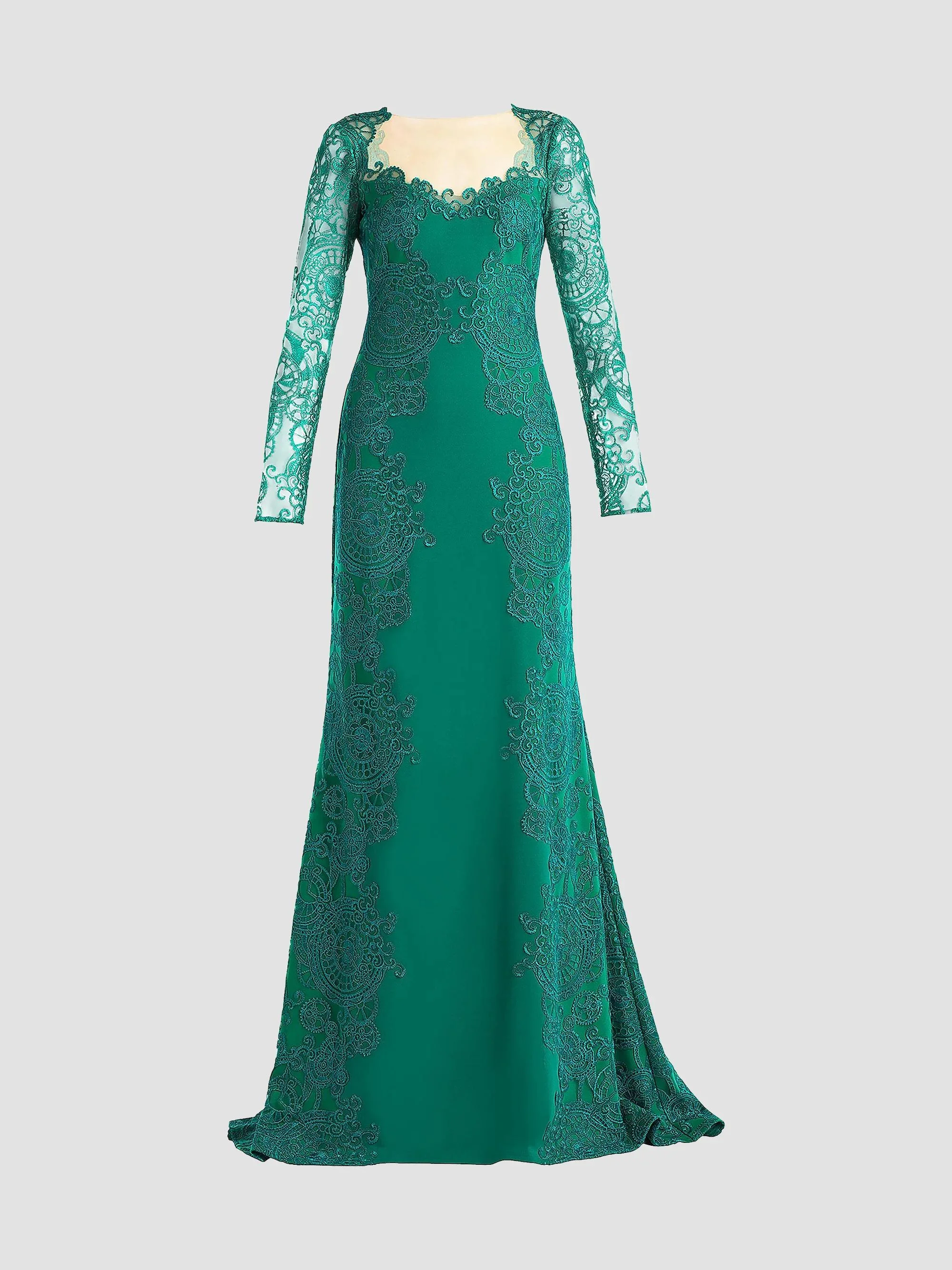Women's Lace-Embroidered Illusion Gown - Emerald - 1