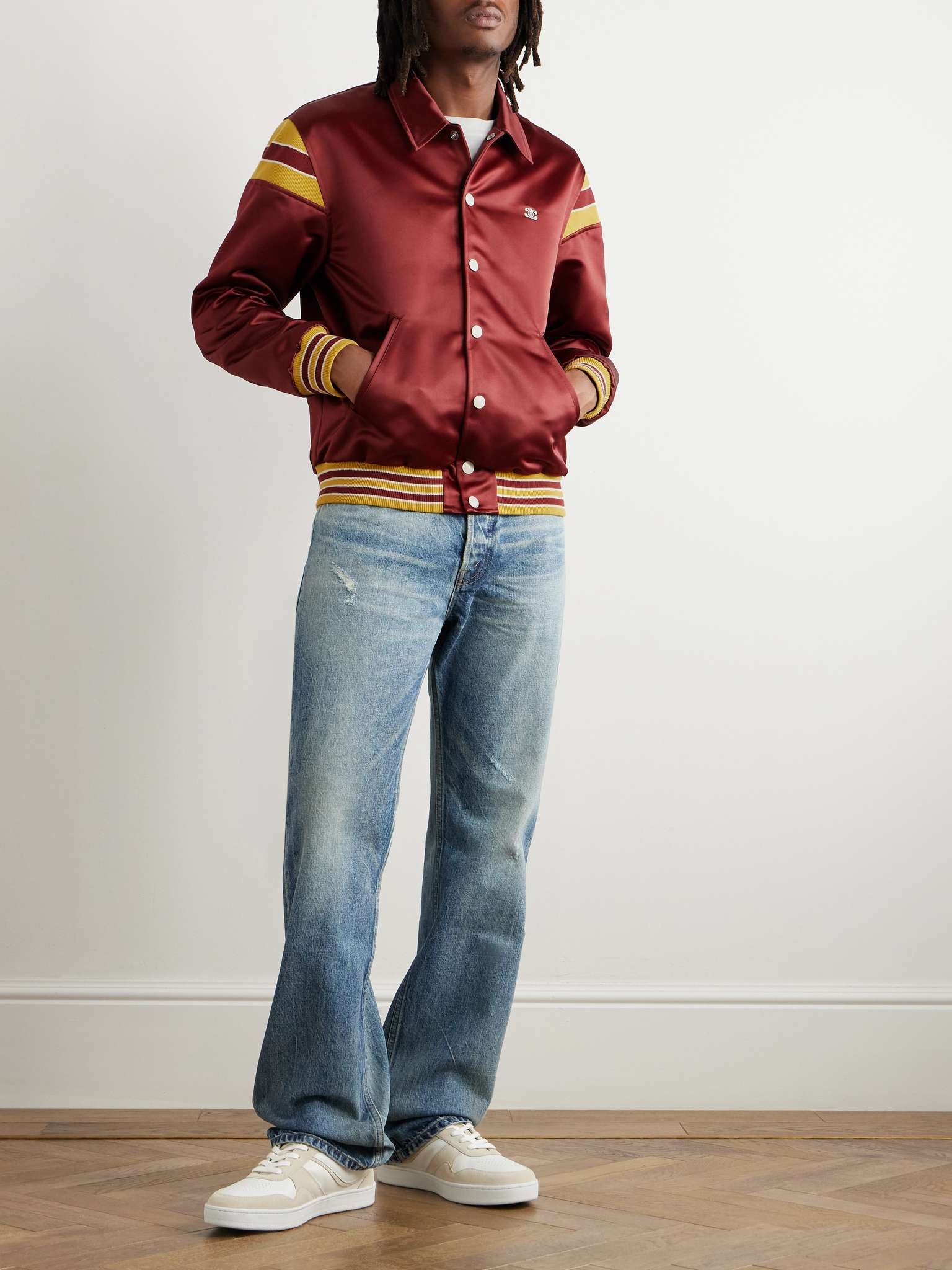 Celine Triomphe Satin Teddy Jacket Red ボンバージャケット CELINE Teddy Logo-Embroidered Satin Varsity Jacket