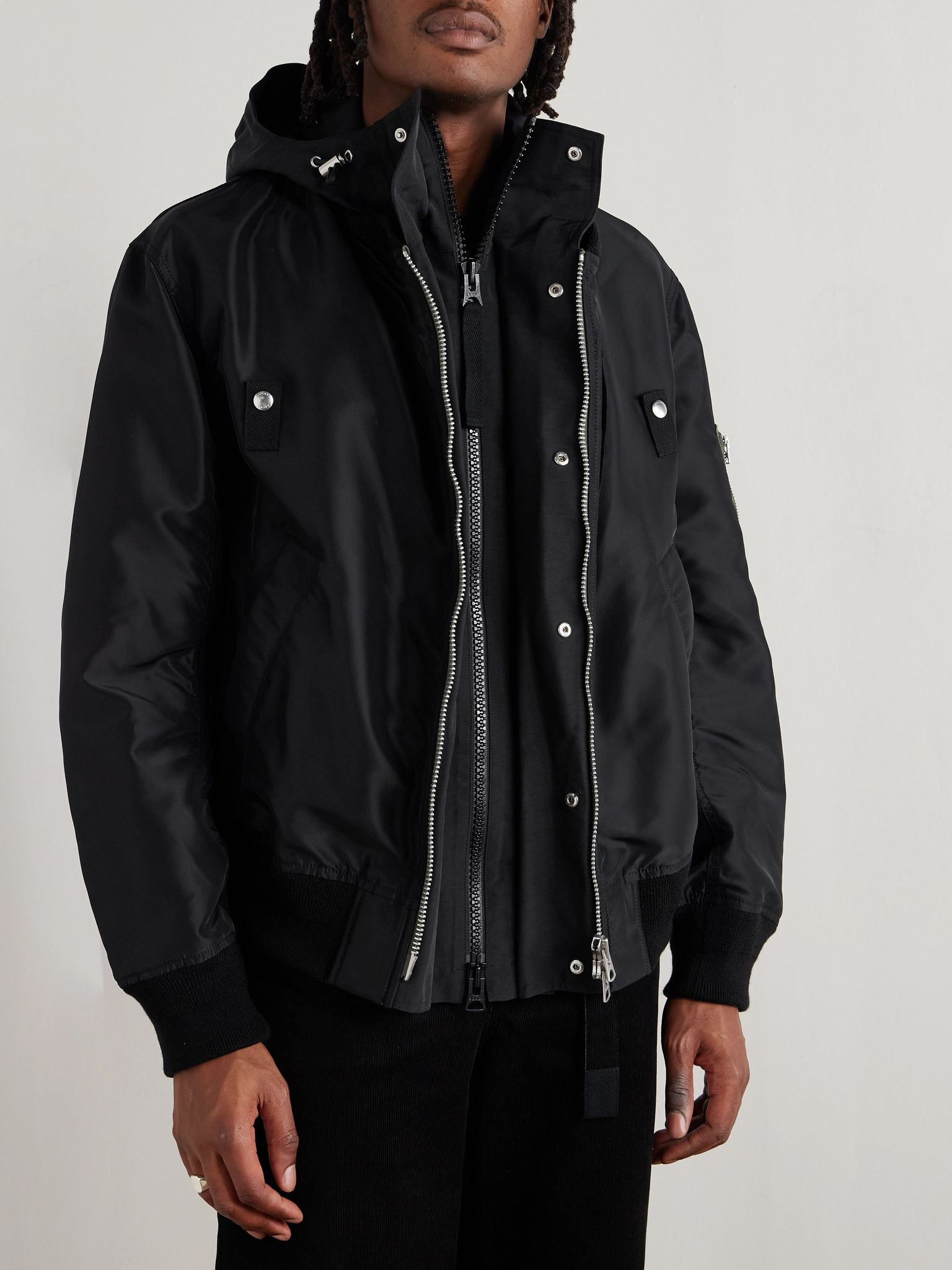 Grosgrain-Trimmed Shell Hooded Bomber Jacket Black - 5