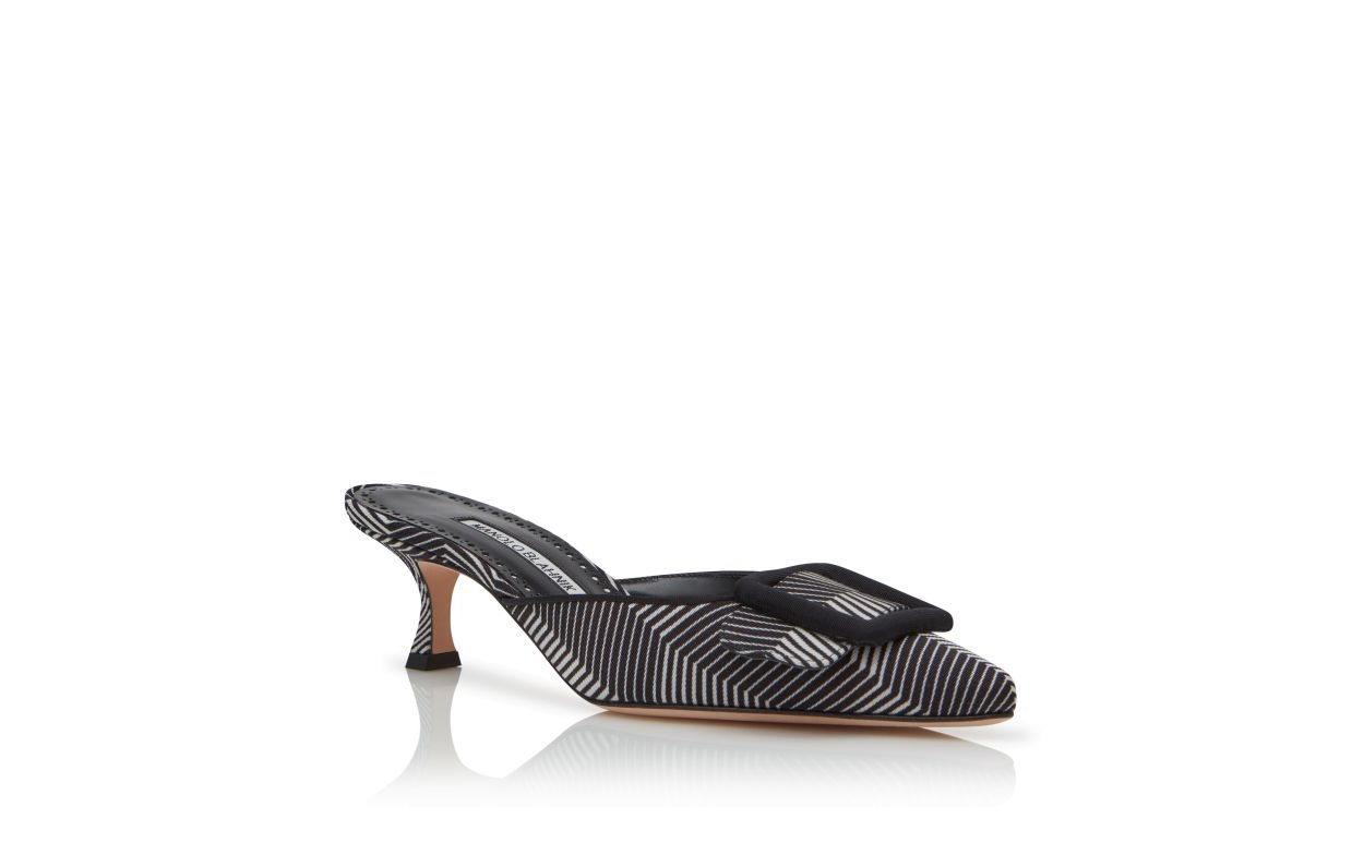 White and Black Grosgrain Herringbone Mules - 3