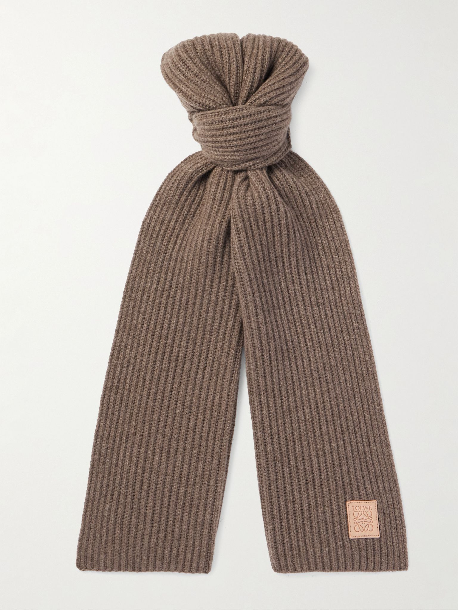Logo-Appliquéd Ribbed Cashmere Scarf Brown - 1