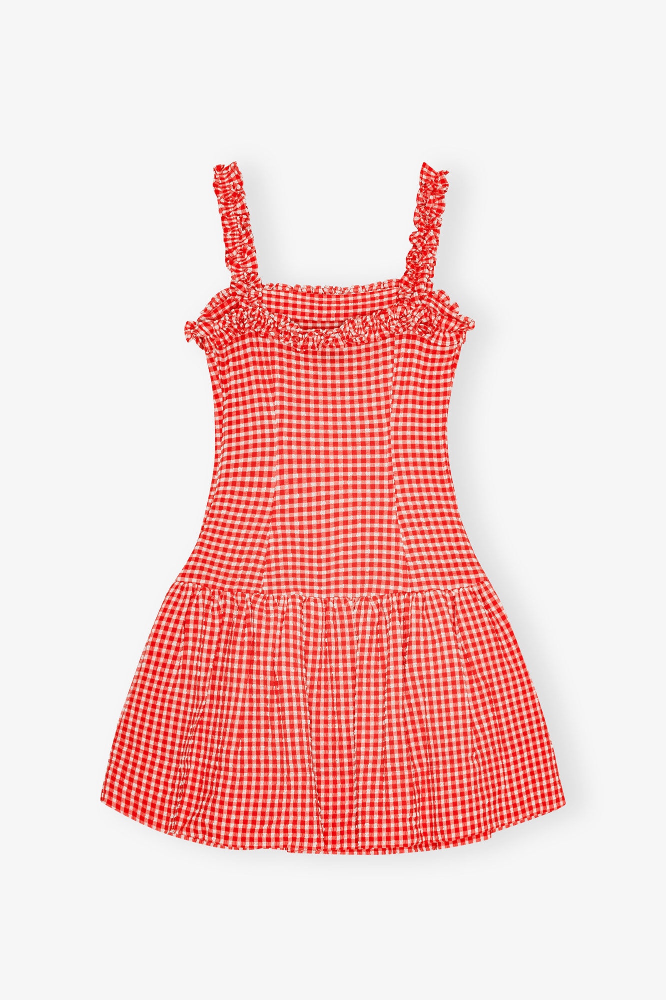 RED STRETCH SEERSUCKER STRAP RUFFLE MINI DRESS - 2