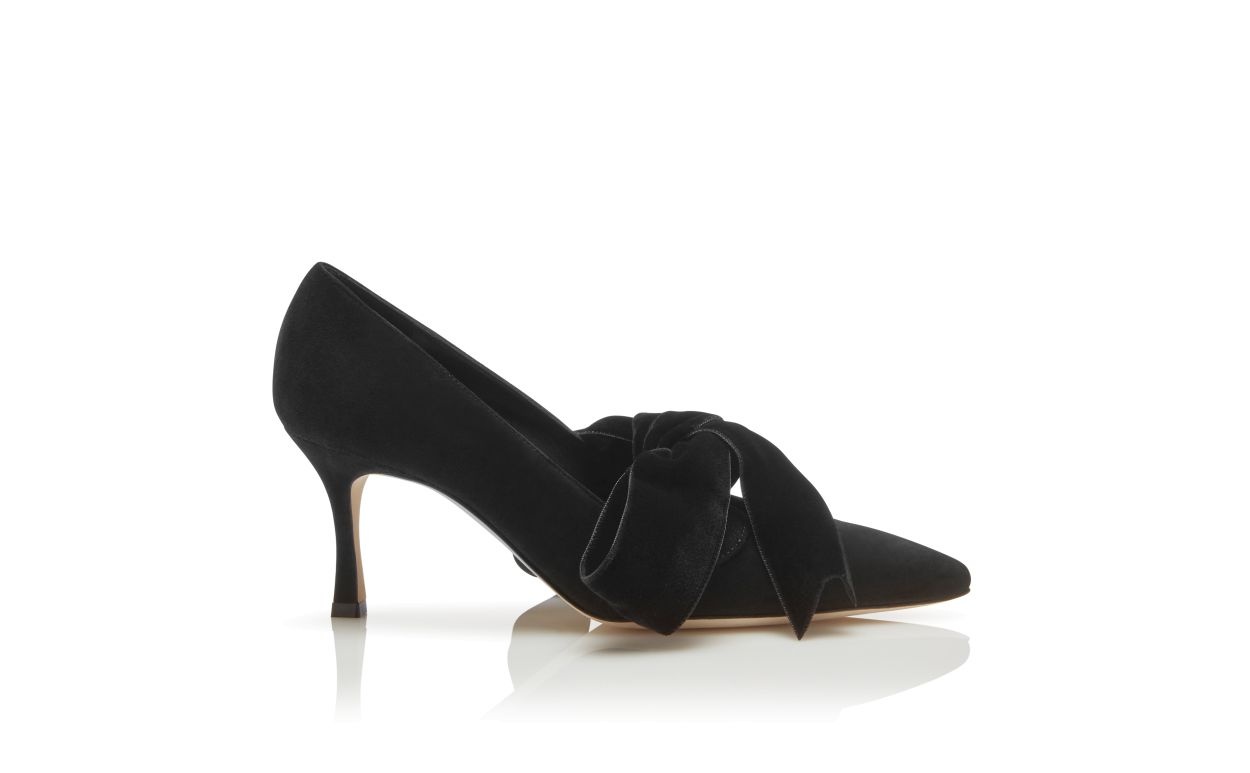 Black Suede and Velvet Bow Detail Pumps - 1