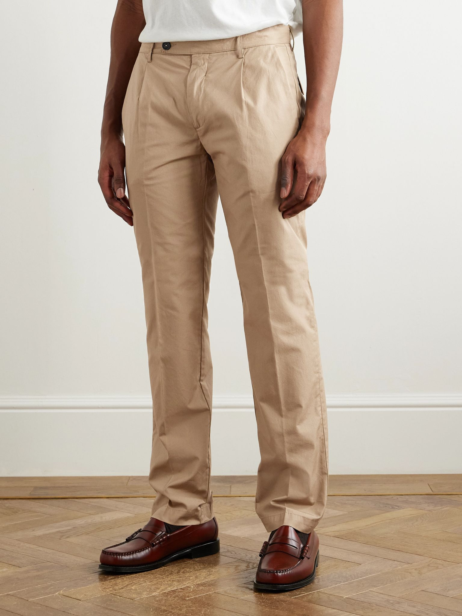Slim-Fit Straight-Leg Pleated Cotton Trousers Brown - 3