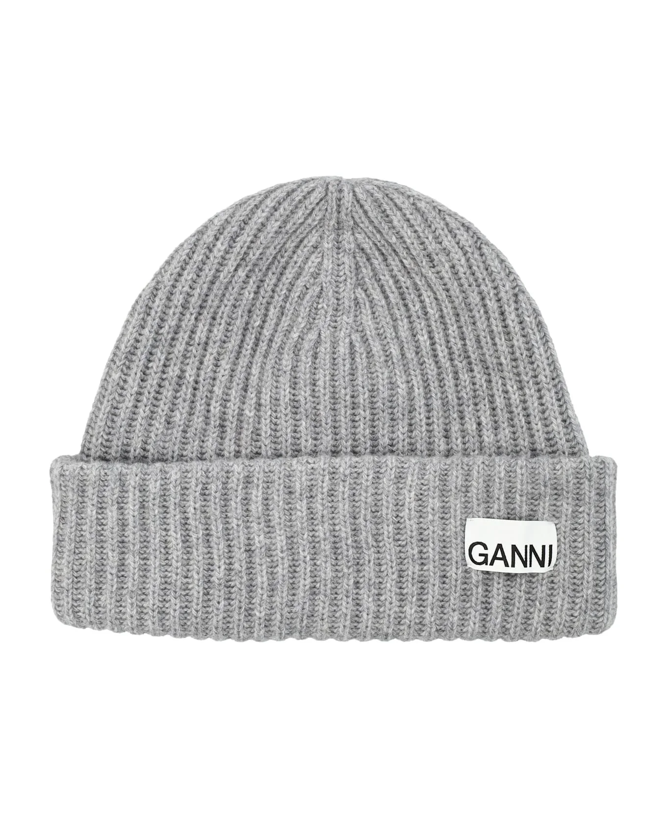 Ganni Ribbed Wool Logo Beanie - 1