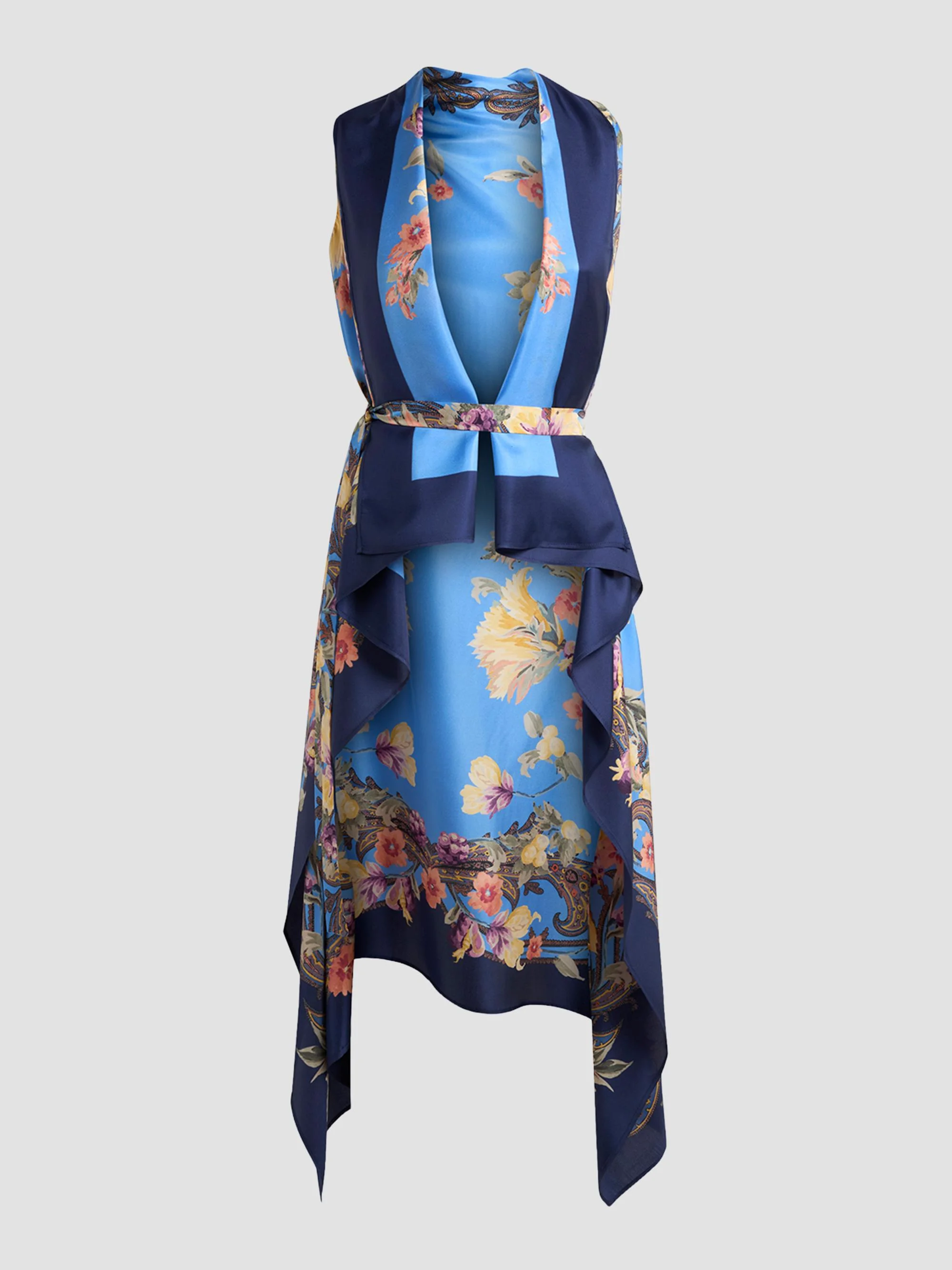 Women's Floral Silk Foulard Vest - Blue - 1
