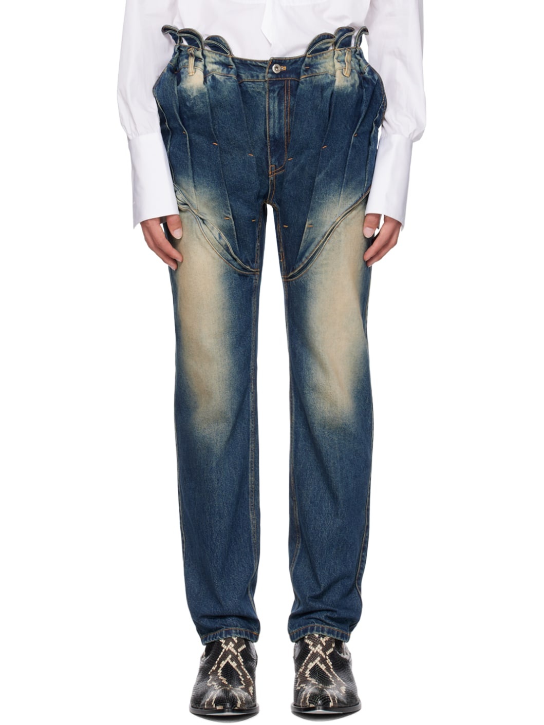 Blue Gathered Corset Jeans - 1