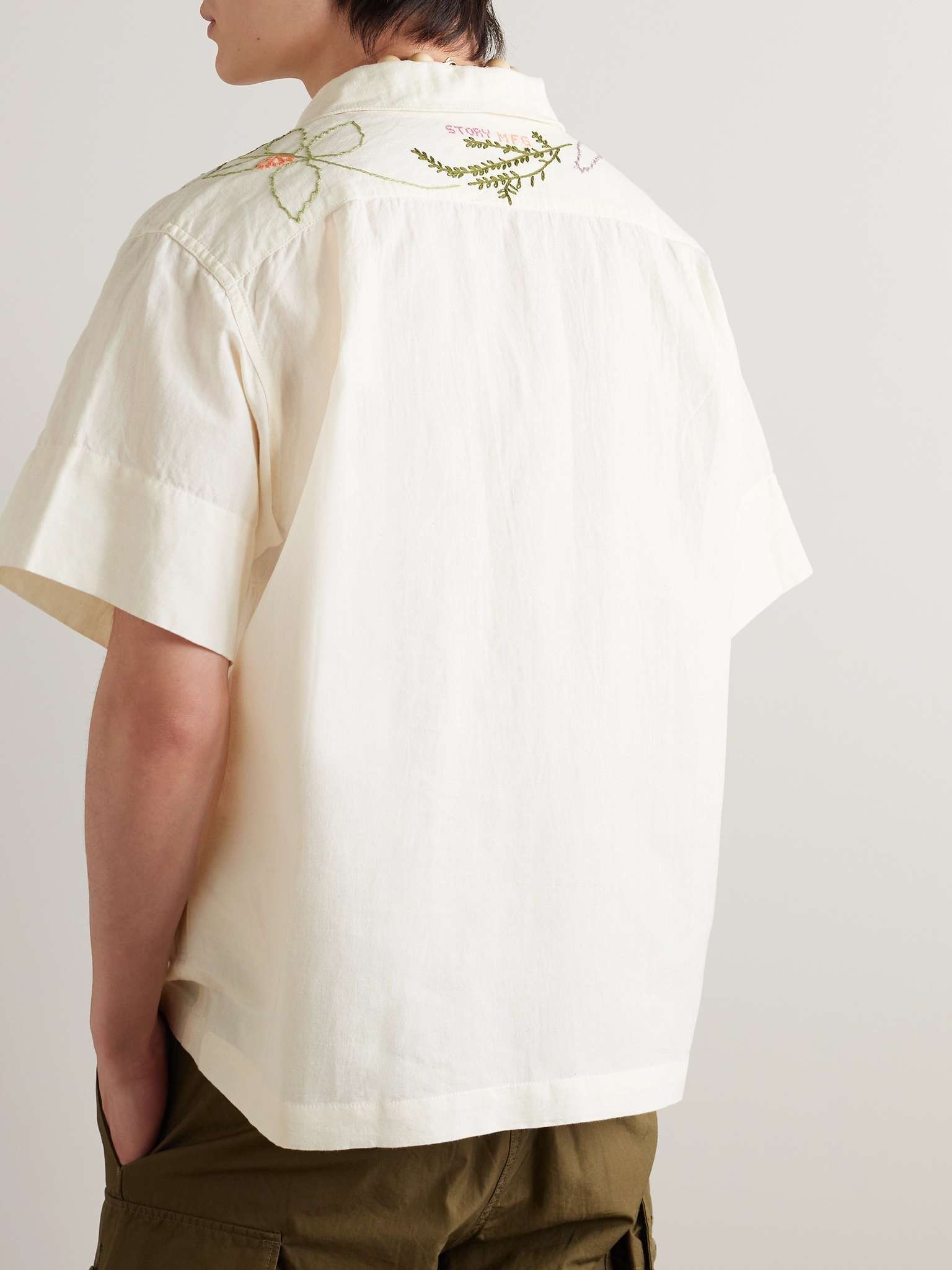 Greetings Camp-Collar Embroidered Cotton and Linen-Blend Shirt - 3