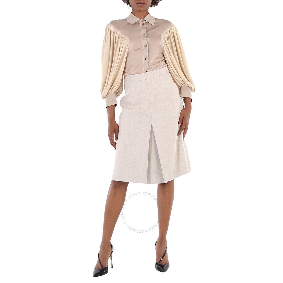 Burberry Soft Fawn Melange Box Pleated Cotton Canvas A-Line Skirt, Brand Size 6 (US Size 4) - 6