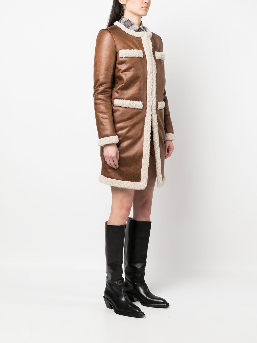 faux-shearling collarless coat - 3