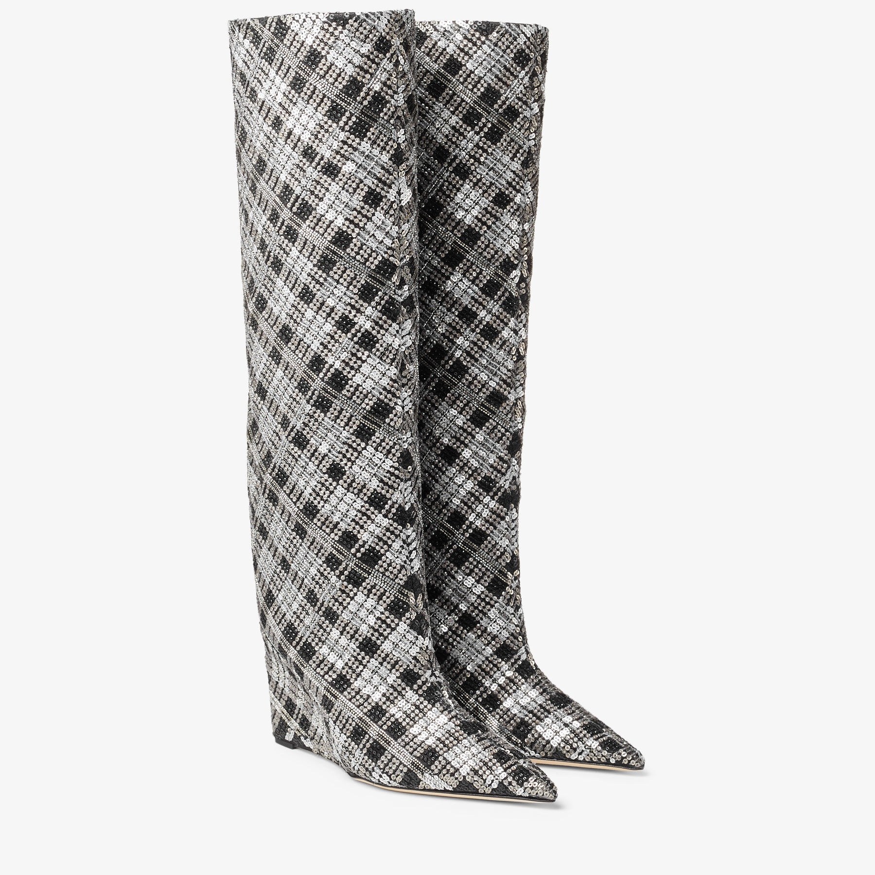 Blake Knee Boot 85
Black Satin Knee-High Boots with Beaded Tartan - 3