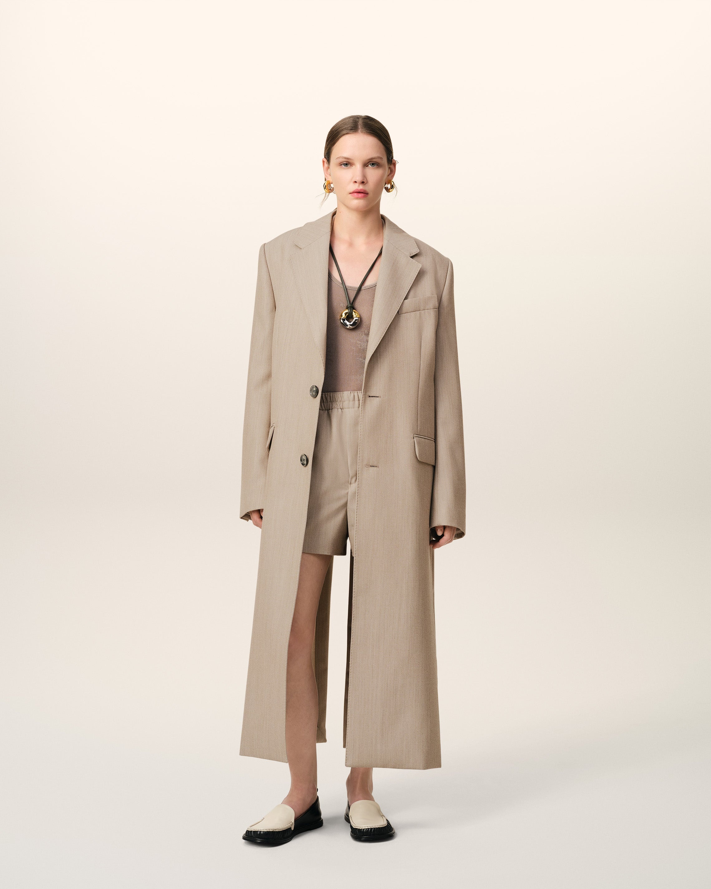 BEIGE WOOL BACK SLIT LONG COAT - 1