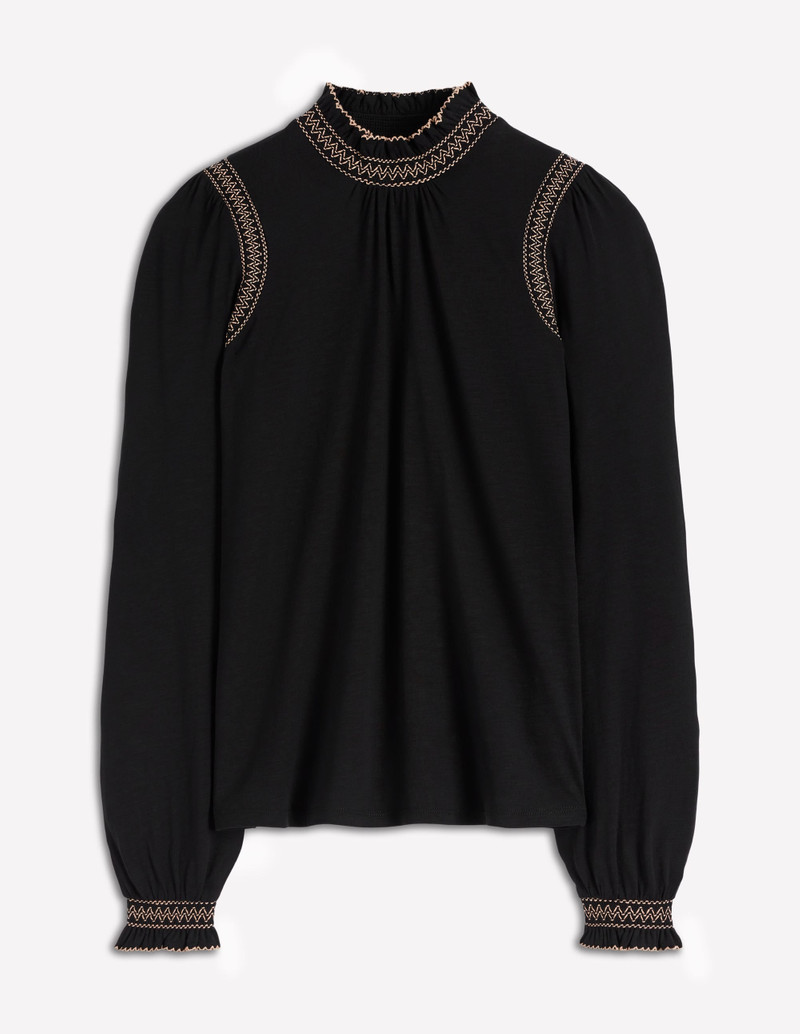 Tia Smocked Neck Jersey Top-Black 1