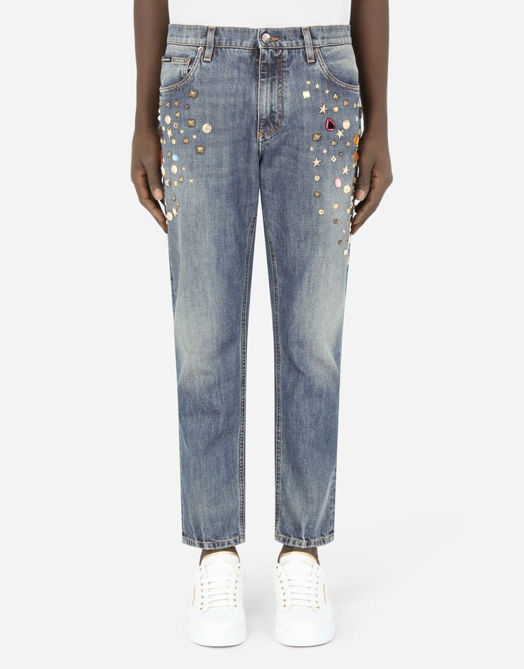 Loose blue wash jeans with crystals - 1