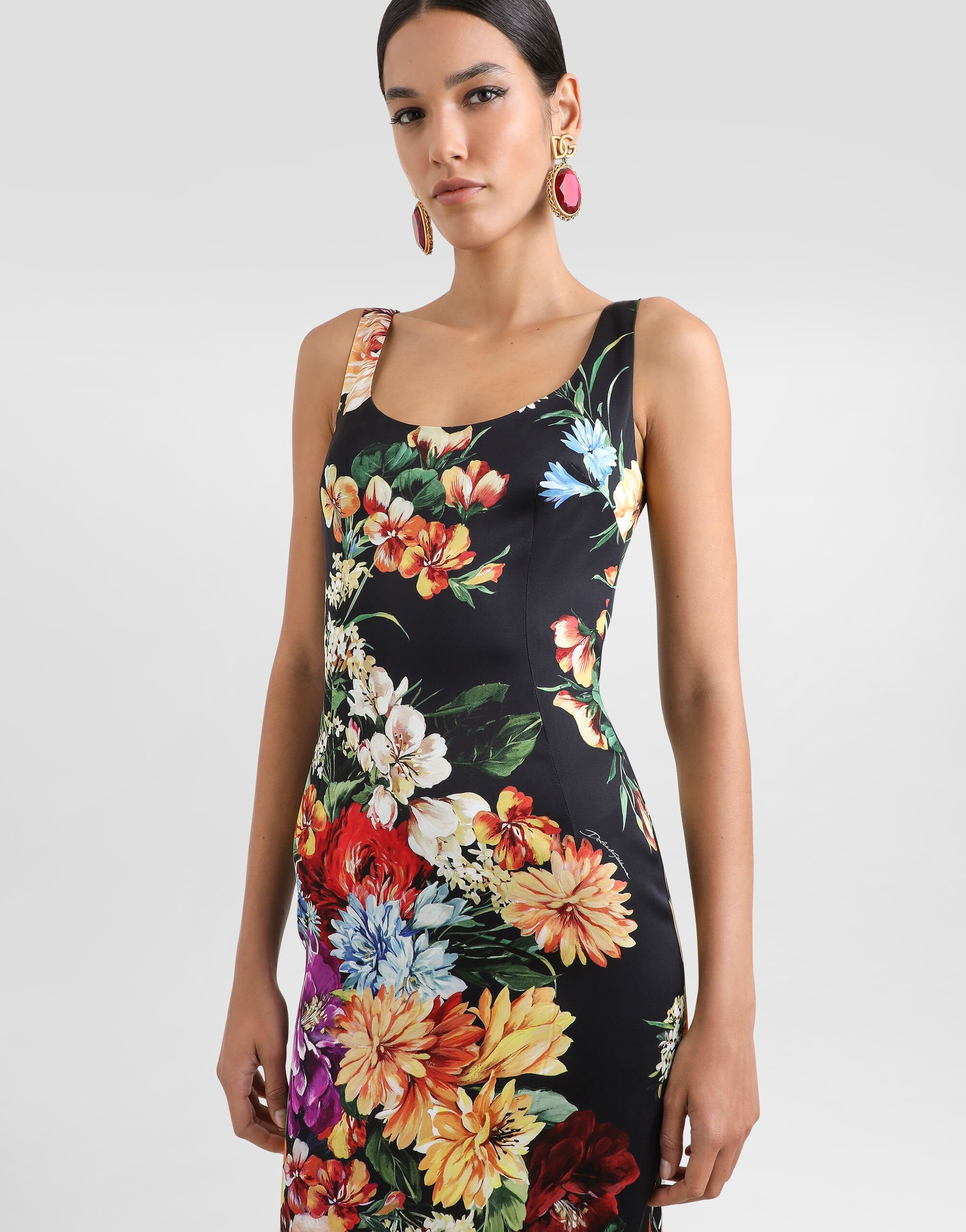 Flower-print fitted satin dress - 4