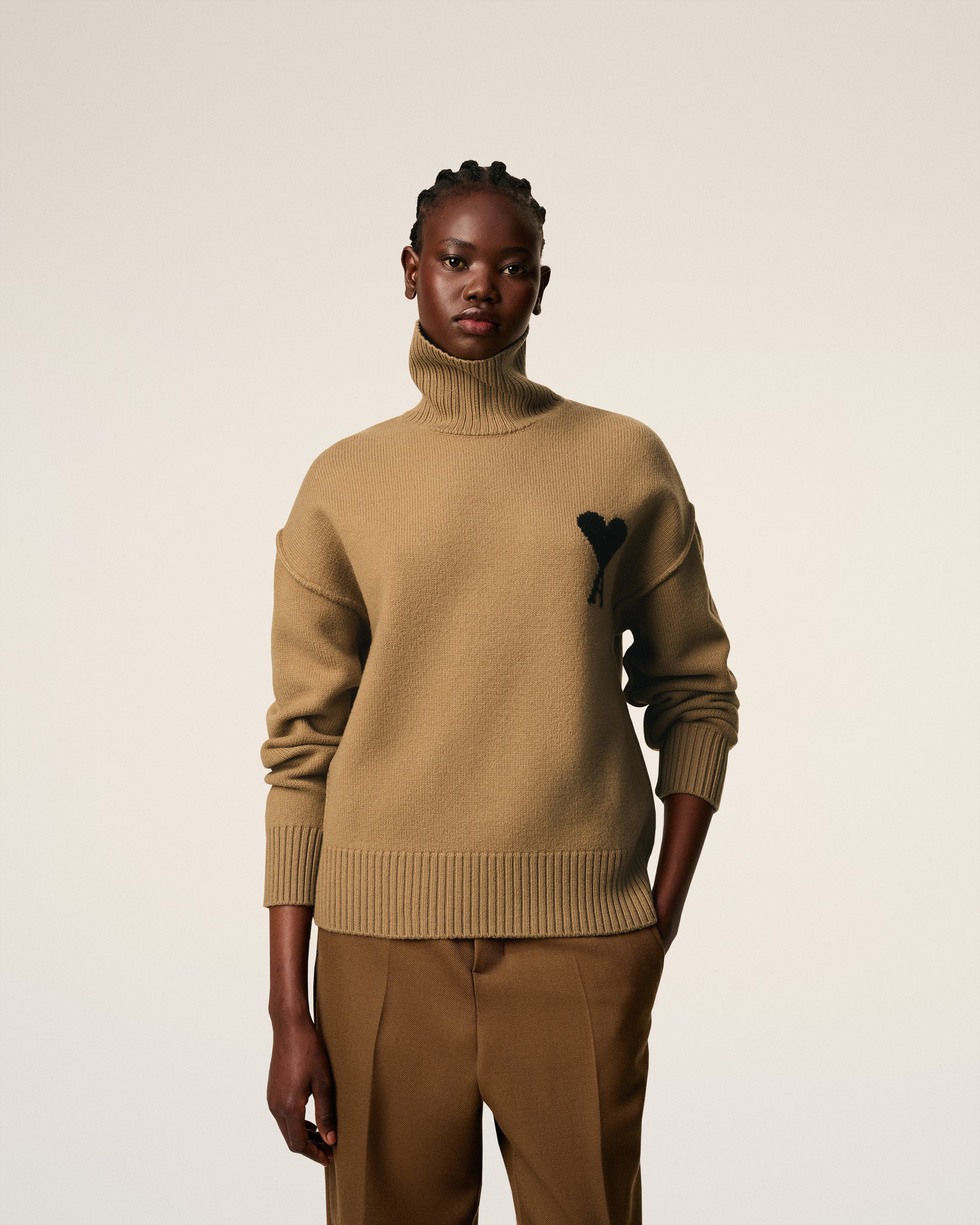 BROWN WOOL AMI DE COEUR FUNNEL NECK SWEATER - 4