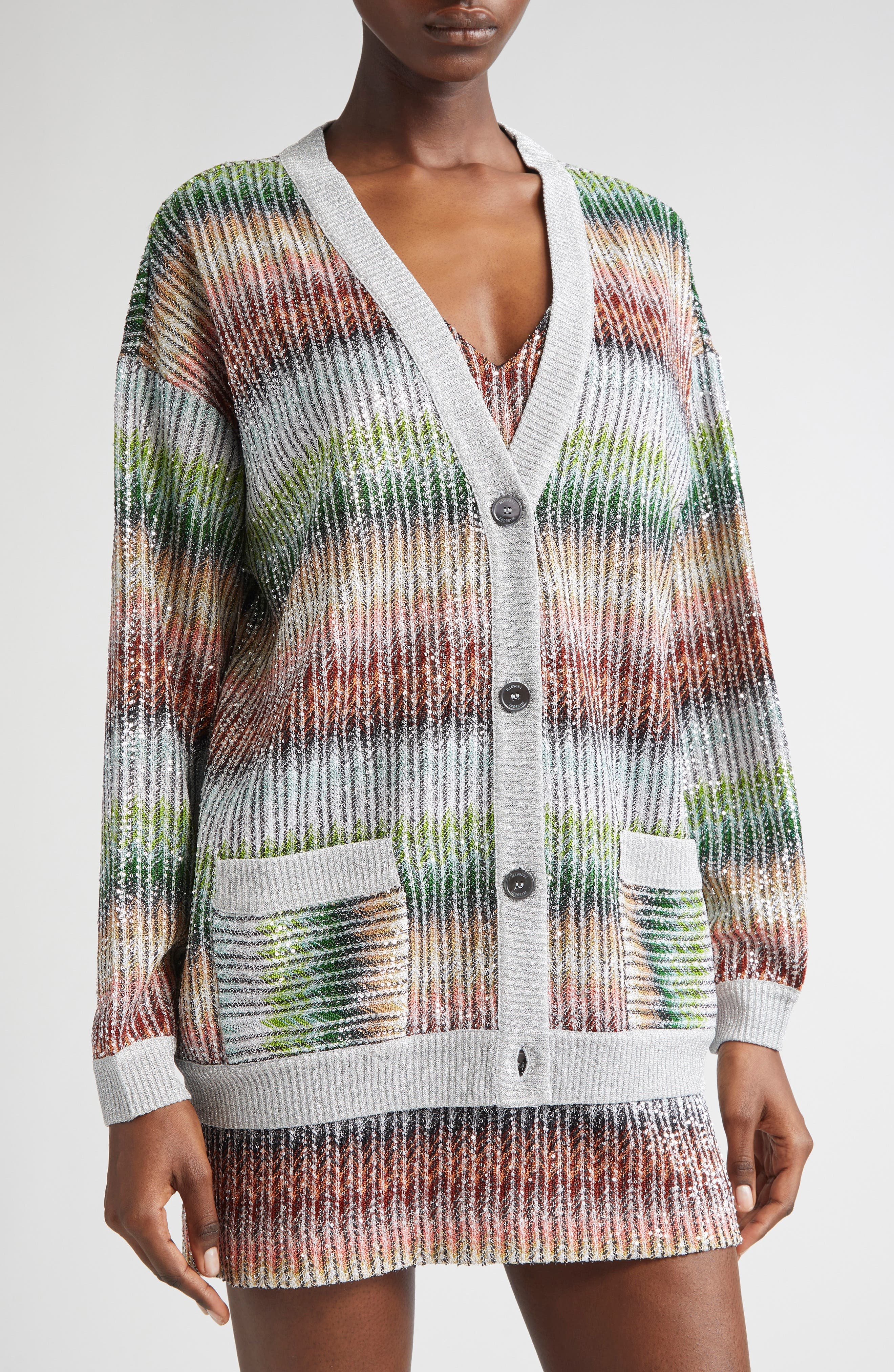 Missoni Metallic Zigzag Cardigan in Green/Red/Sky at Nordstrom - 5