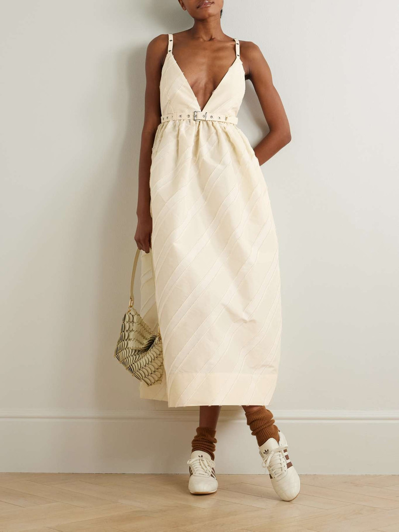 GANNI Belted eyelet-embellished striped taffeta midi dress Cream outlook