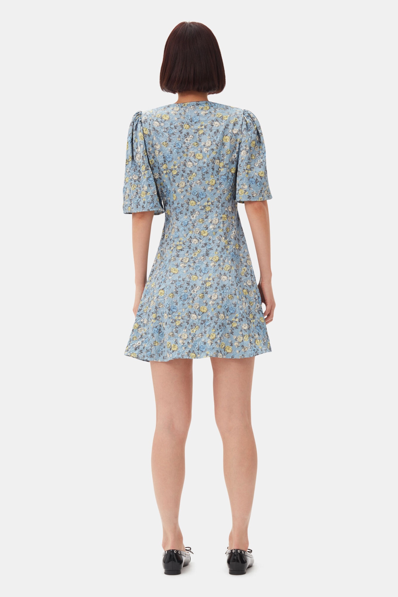 BLUE FLORAL PRINTED CRINKLED SATIN MINI WRAP DRESS - 5