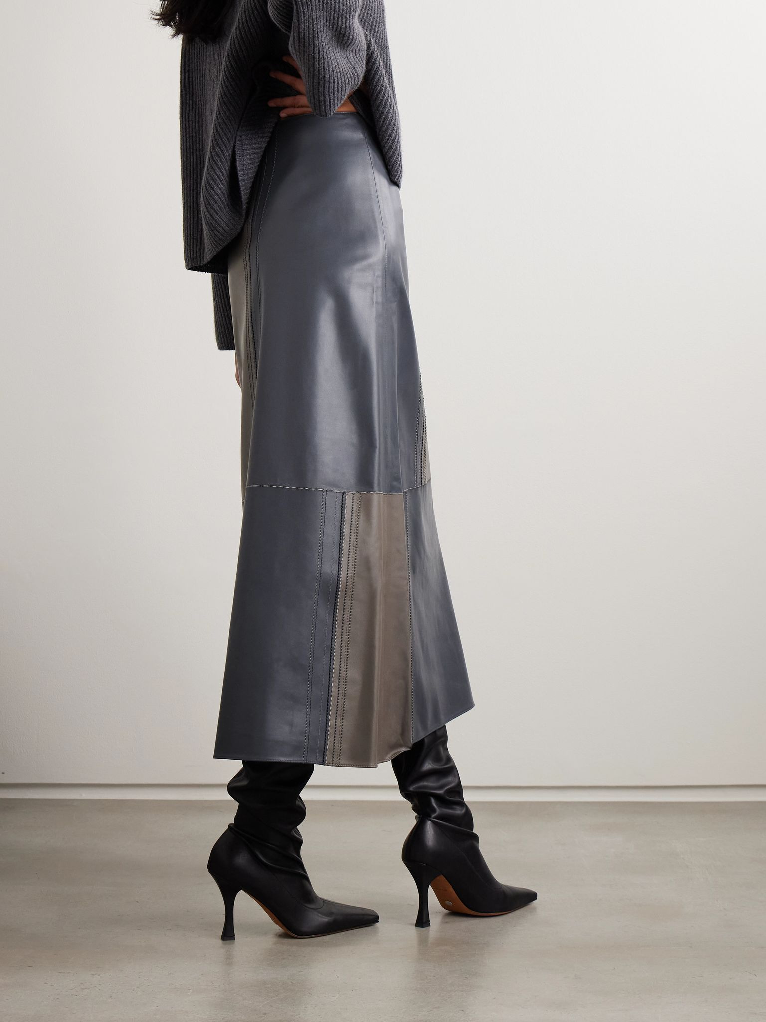 Cezanne paneled leather midi skirt Charcoal - 3
