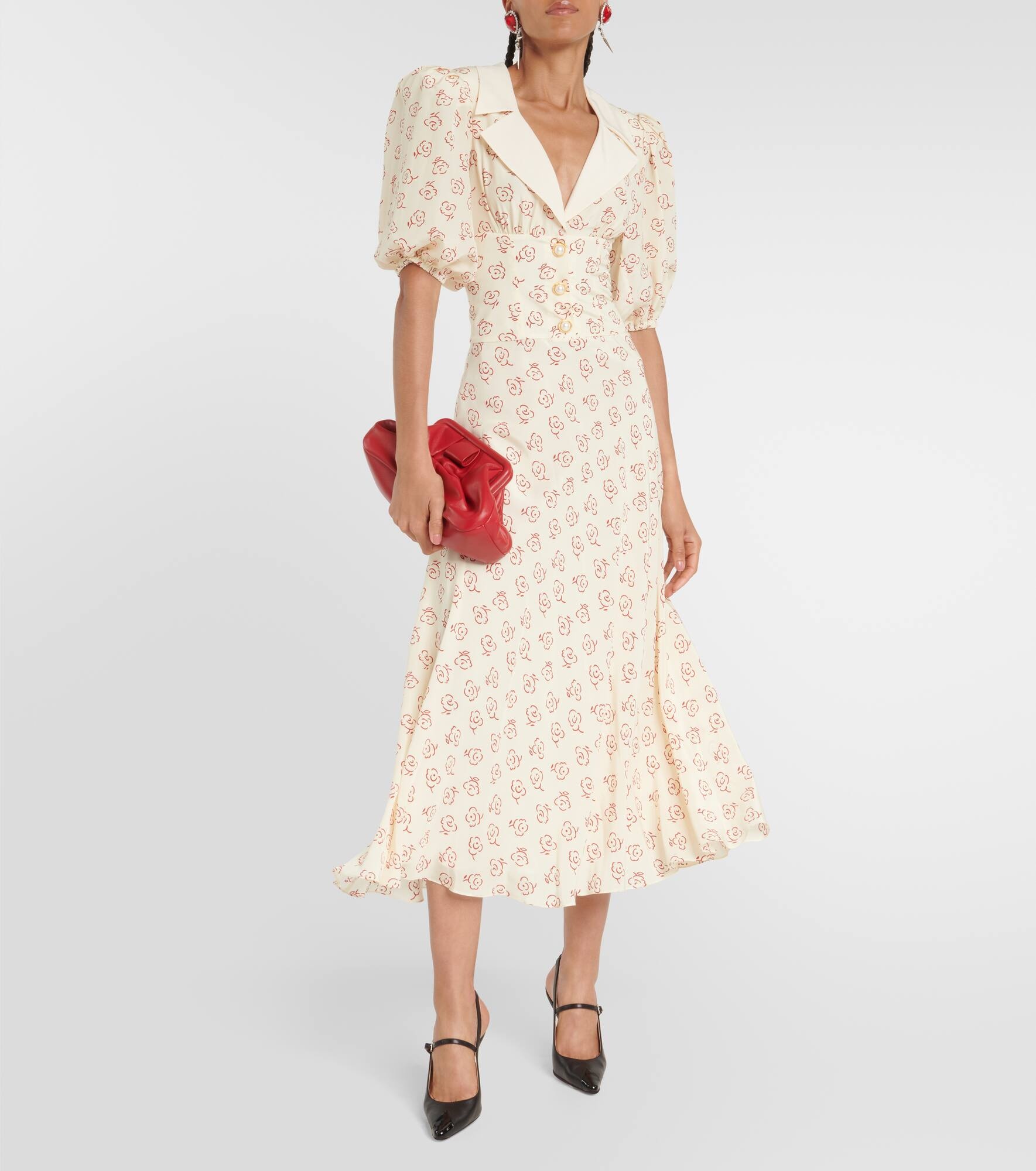Puff-Sleeve Floral Silk Midi Dress print - 3