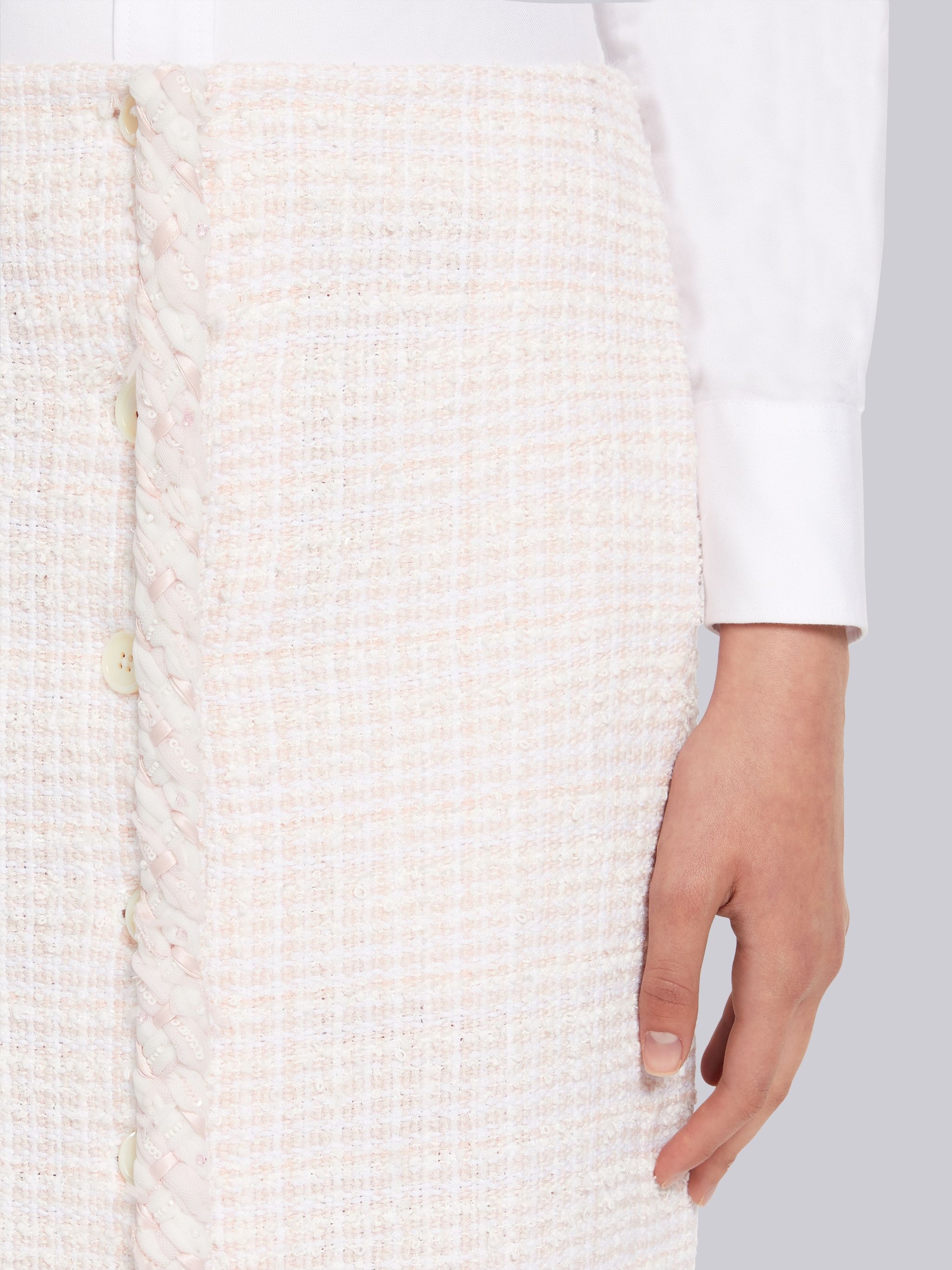 Light Pink Small Hopsack Check Tweed Braided Trim Button Front Low Rise Ankle Length Cardigan Skirt - 5