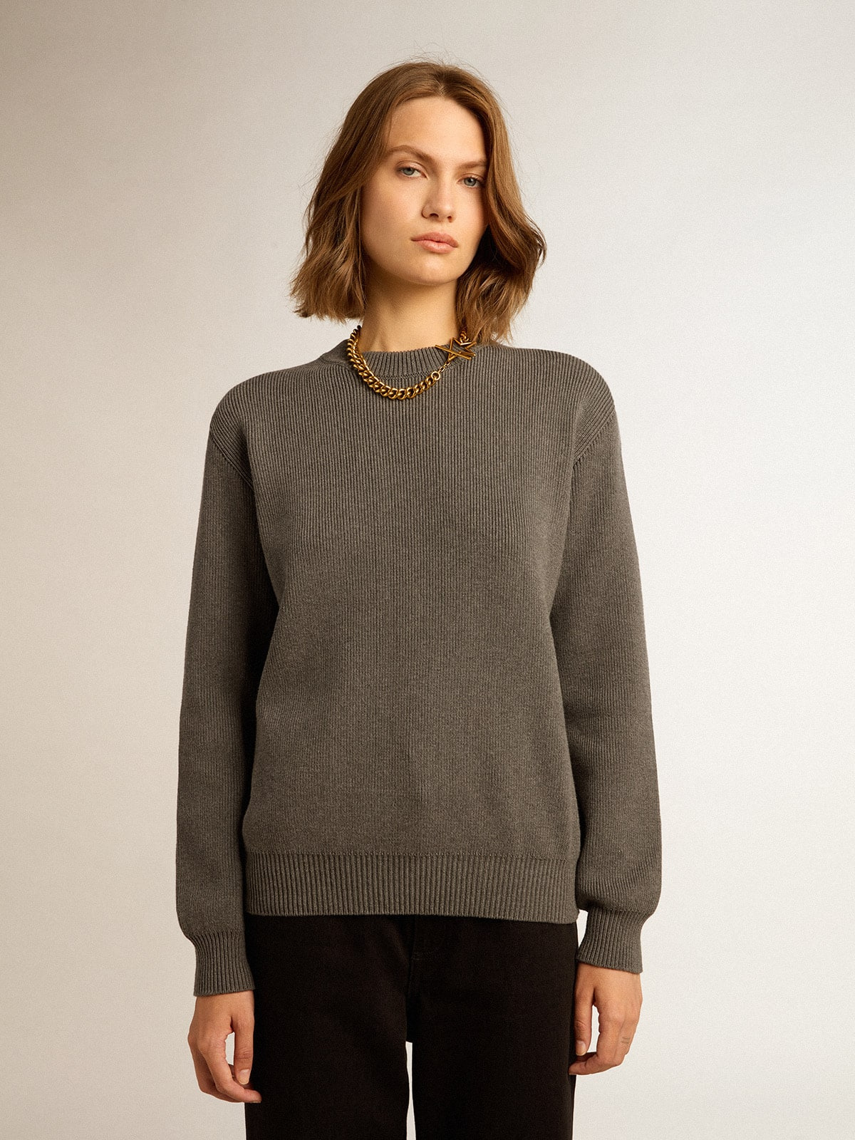 Women's round-neck sweater in dark gray cotton with logo on the back - 5