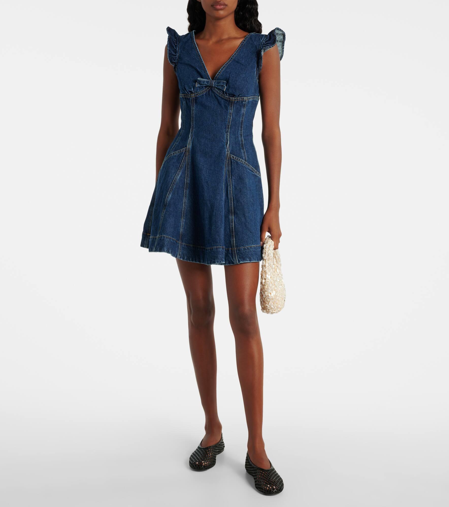 Bow-detail ruffled denim minidress - 2