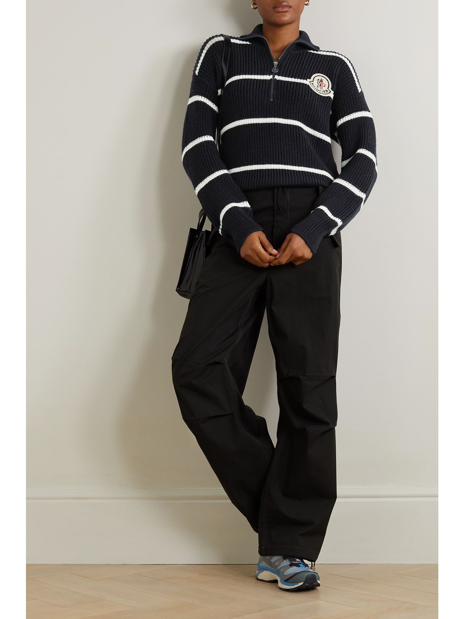 Appliquéd striped wool sweater Black - 2