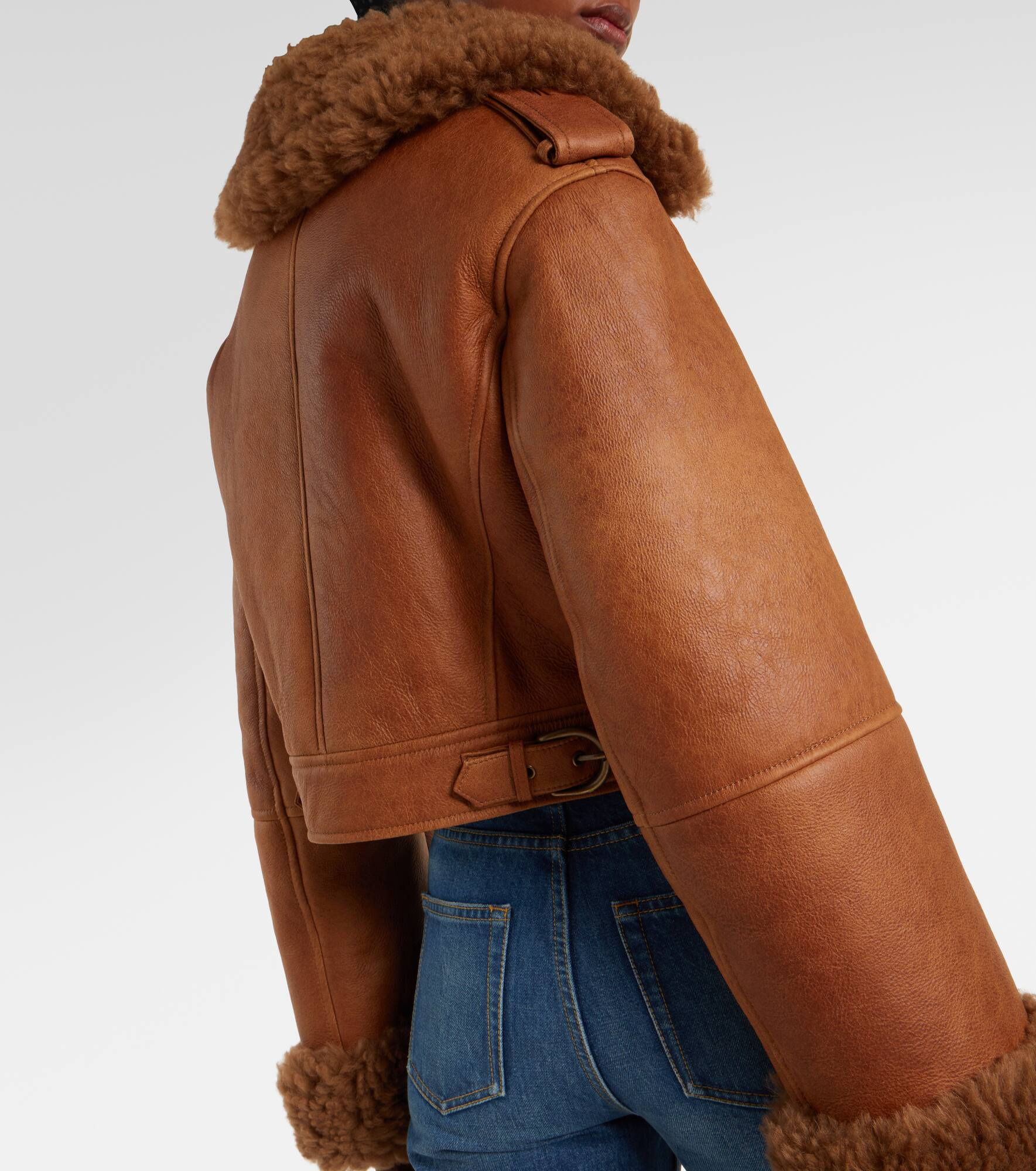 Cropped shearling-trimmed leather jacket - 5