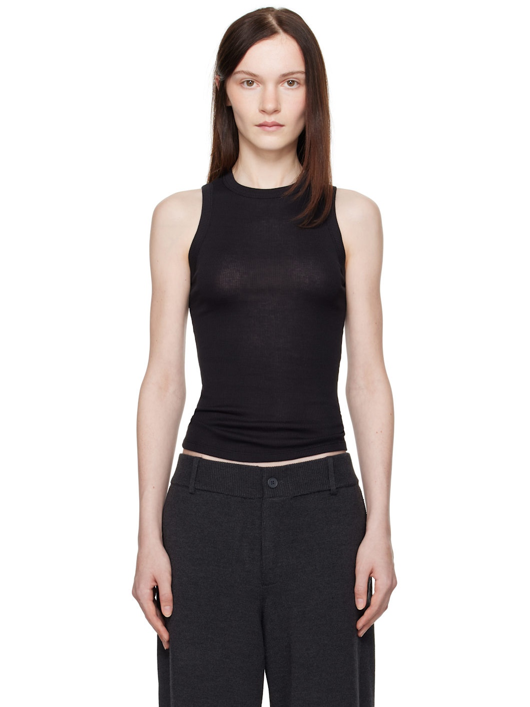 Black Ribbed High Neck Tank Top - 1