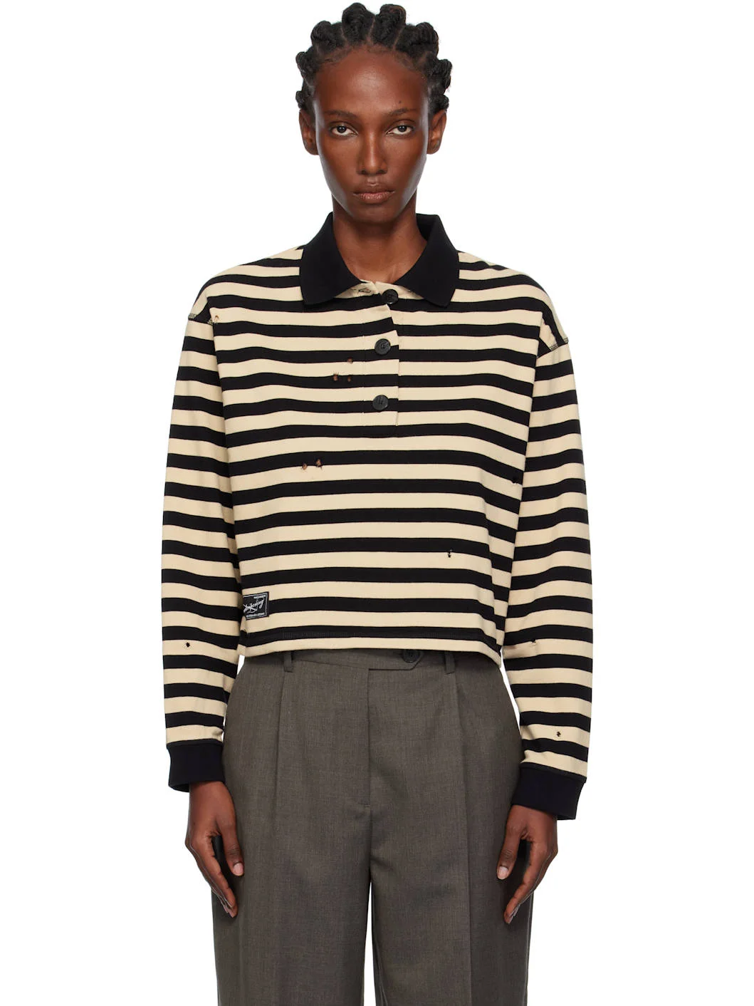 Black & Beige Cropped Fractured Polo - 1