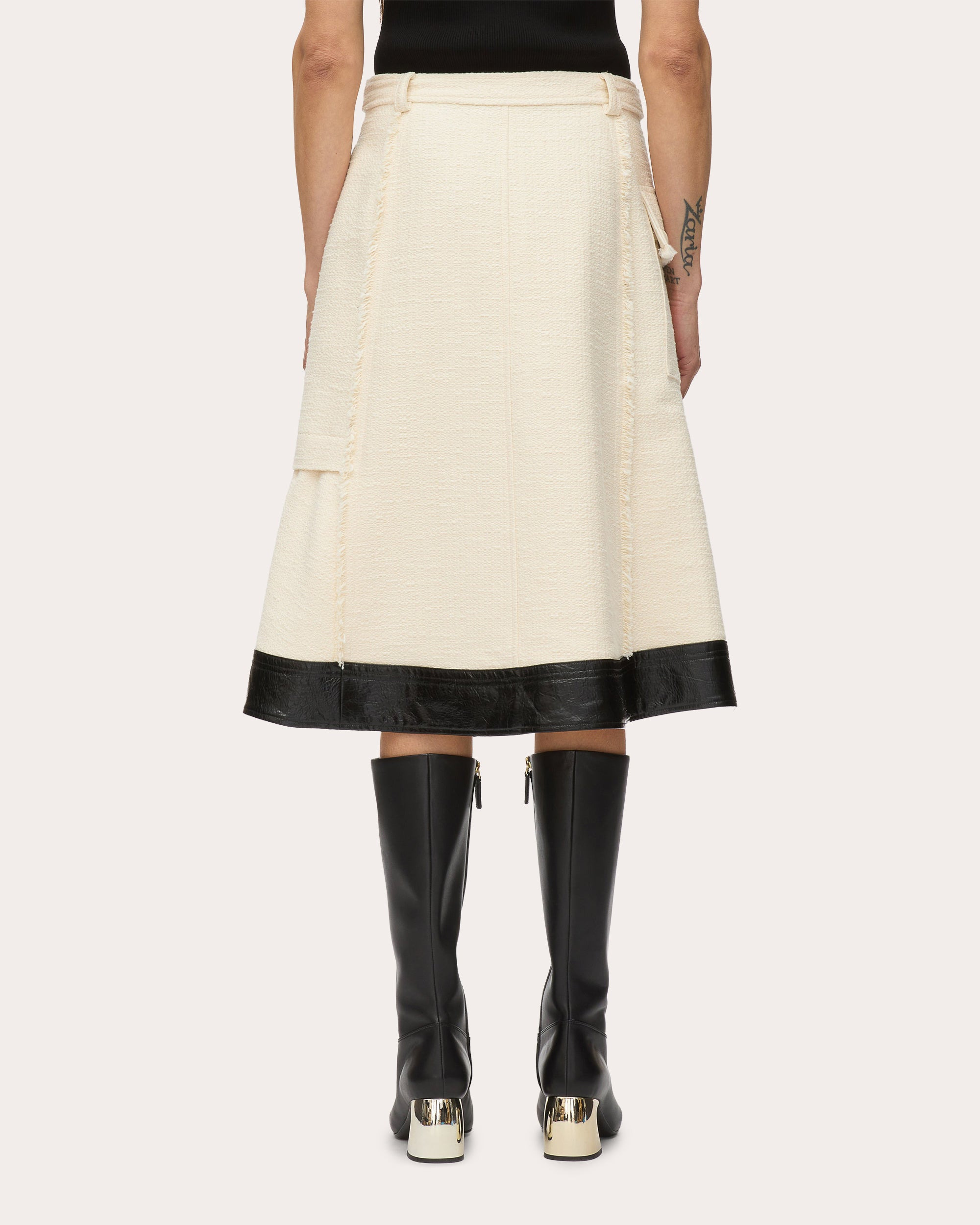 Belted Faux Leather-Trim Tweed Skirt - 2