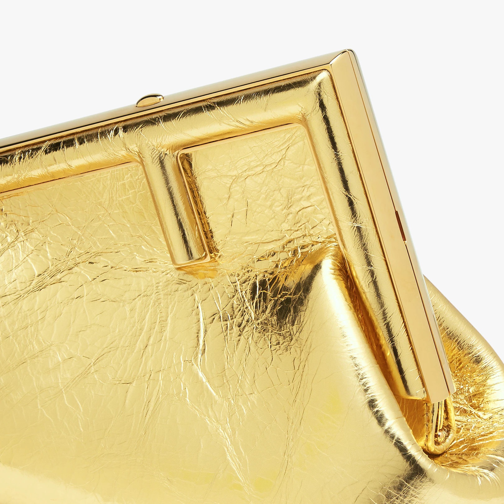 Small Fendi First bag in gold craquelé-effect laminated leather with an oversized F metal clasp with - 5