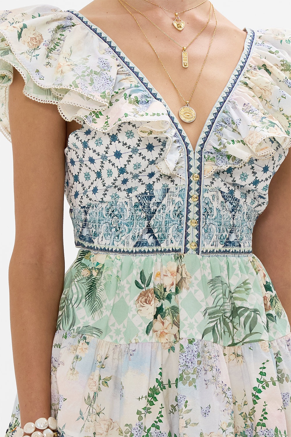 TIERED SHORT DRESS WITH NECK FRILL - 6