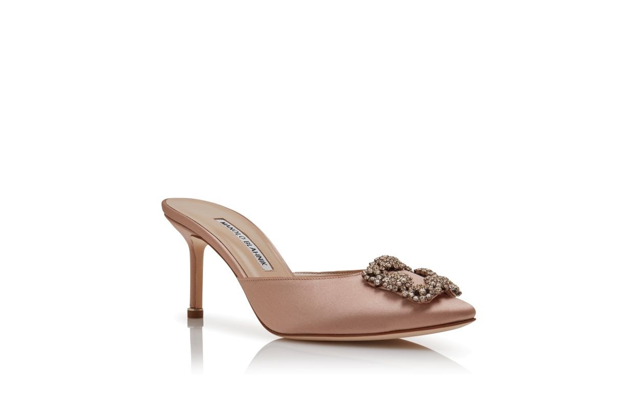 Beige Satin Jewel Buckle Mules - 3