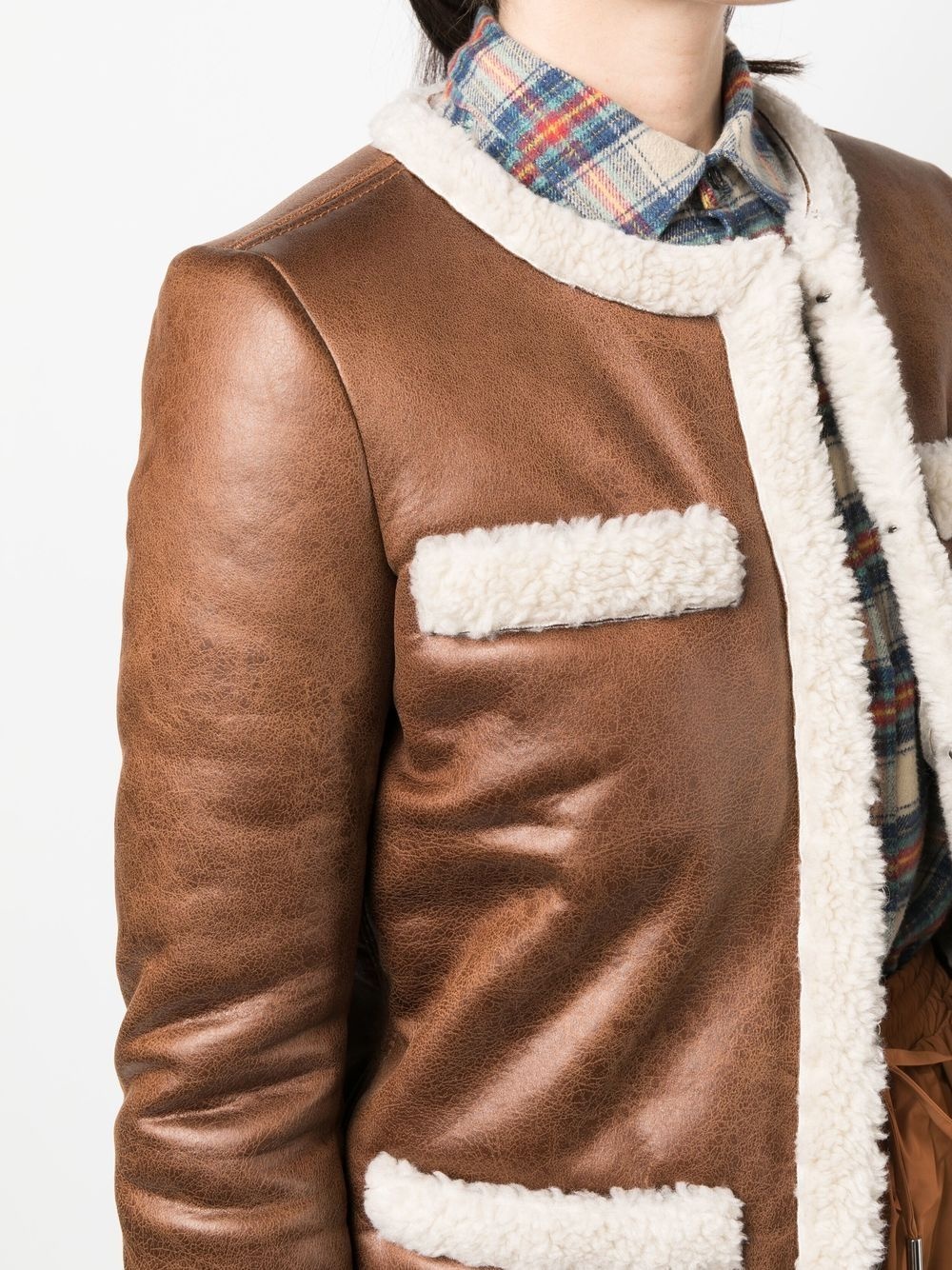 faux-shearling collarless coat - 5