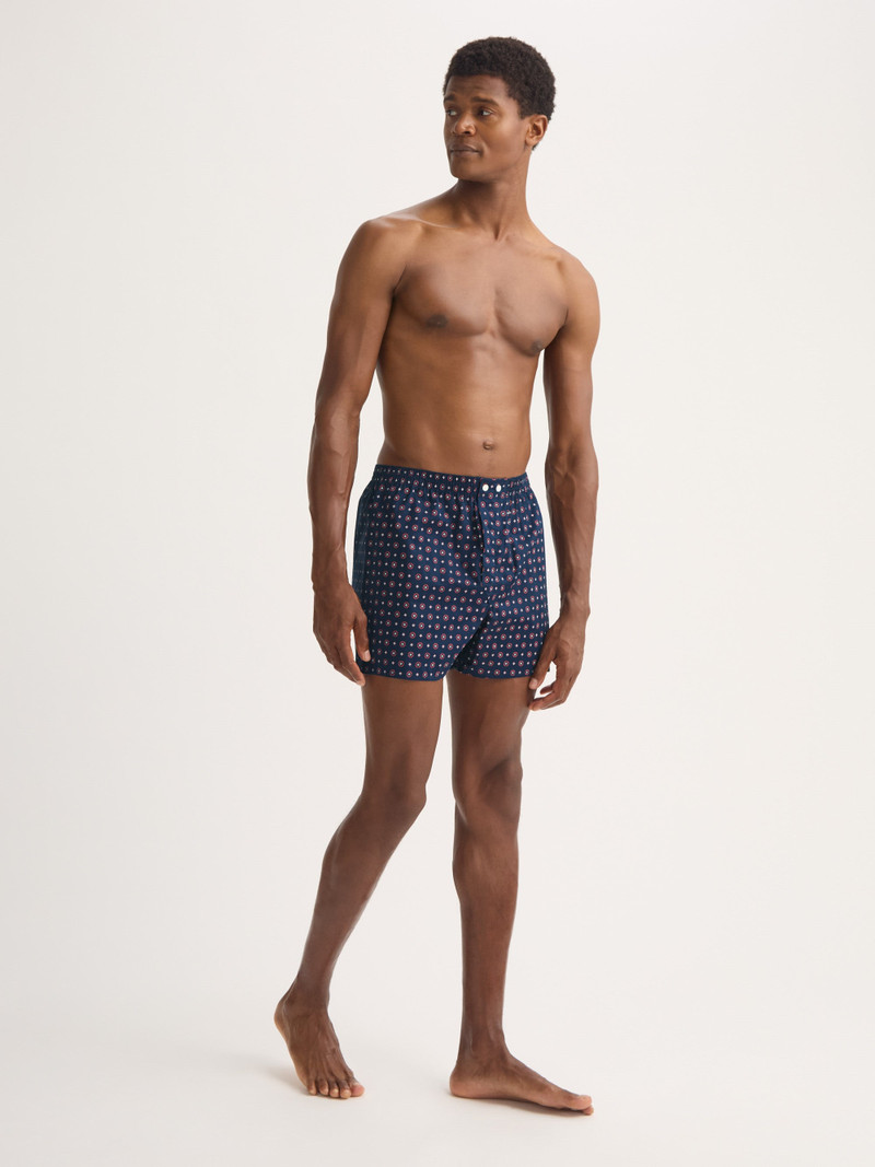 Men's Classic Fit Boxers Cotton Batiste Navy Blue Rose Motif 1