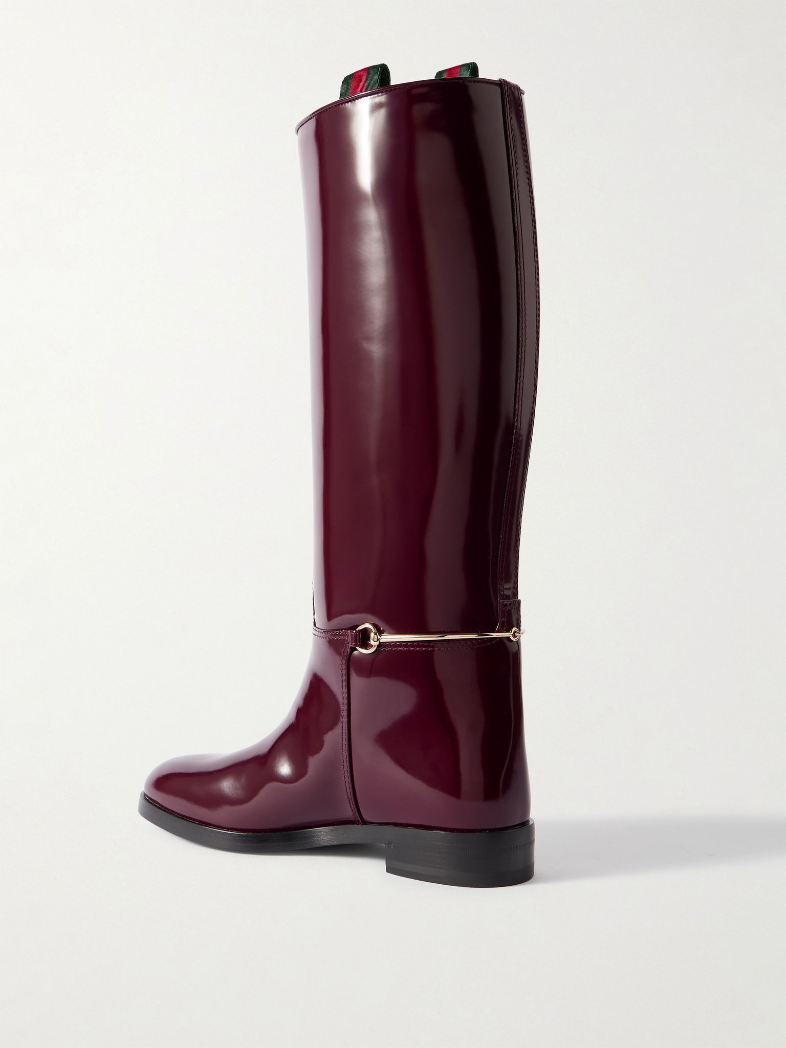Webbing-trimmed horsebit-embellished patent-leather knee boots Burgundy - 3