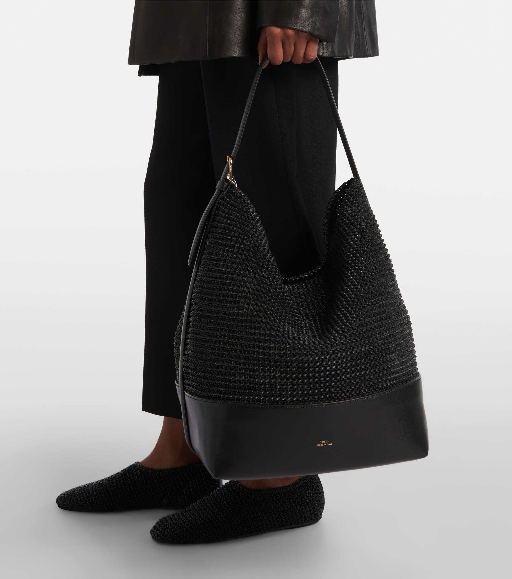 Belted woven leather tote bag - 7