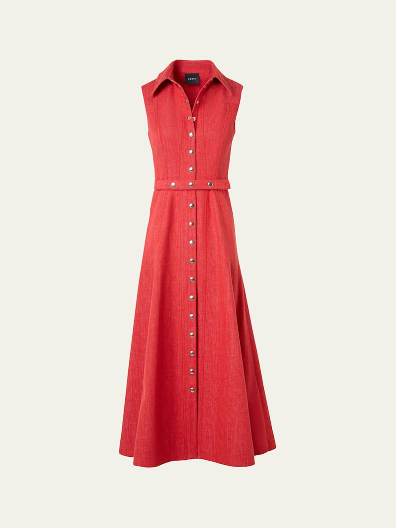 Sleeveless Belted Denim Midi Shirtdress 1