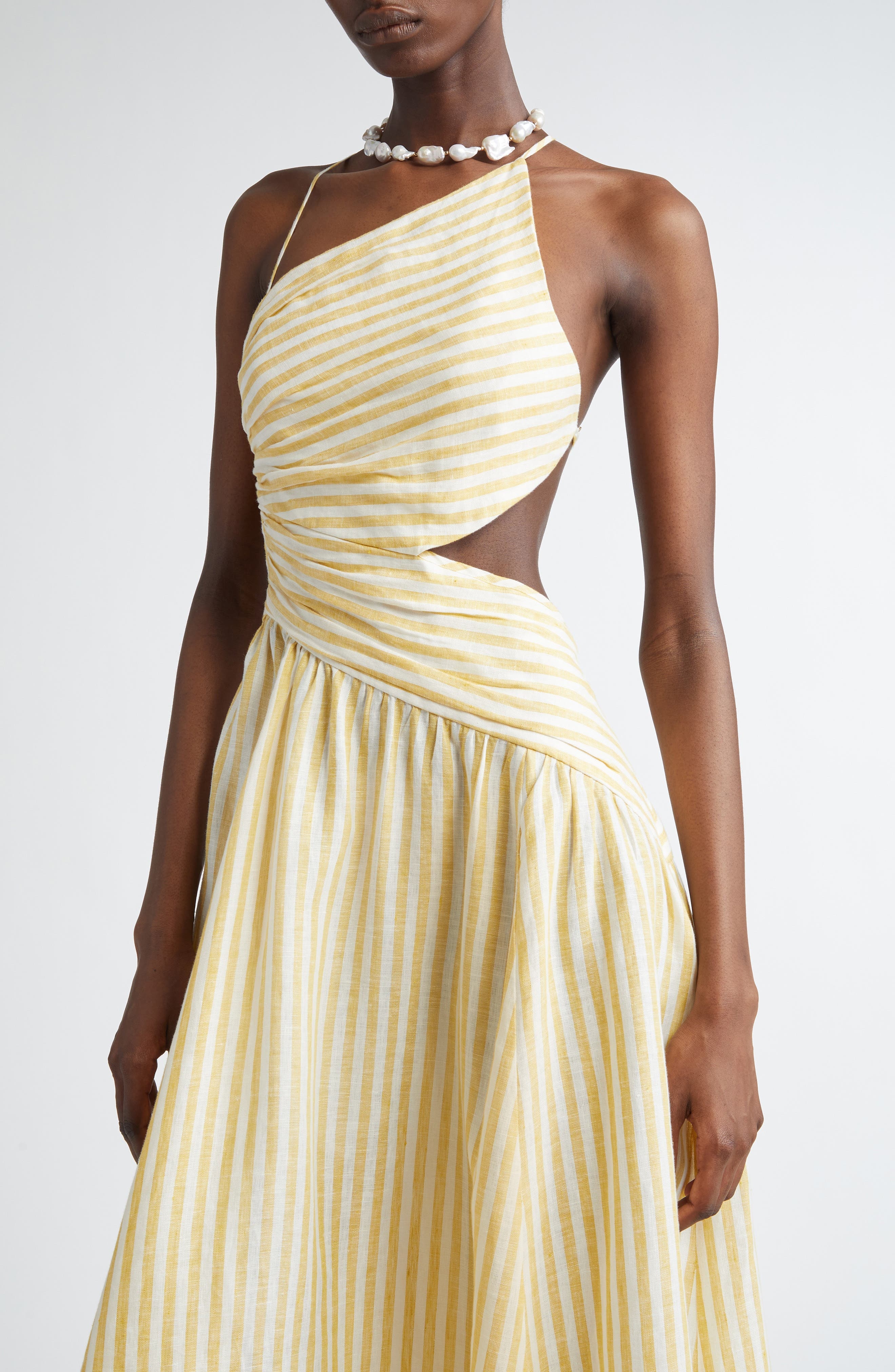 Zimmermann Cascadian Stripe Cutout Asymmetric Linen Dress in Yellow Stripe at Nordstrom - 4
