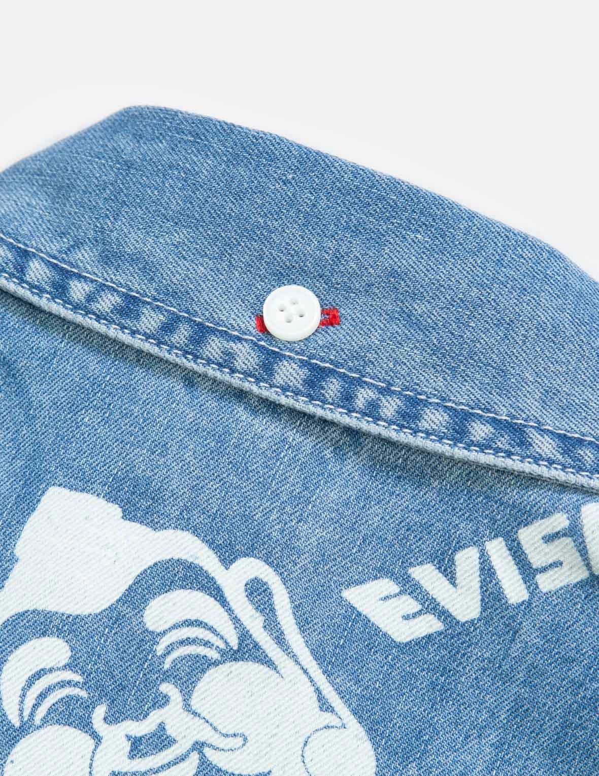 Allover Godhead and Logo Discharged  Print Denim Shirt - 14