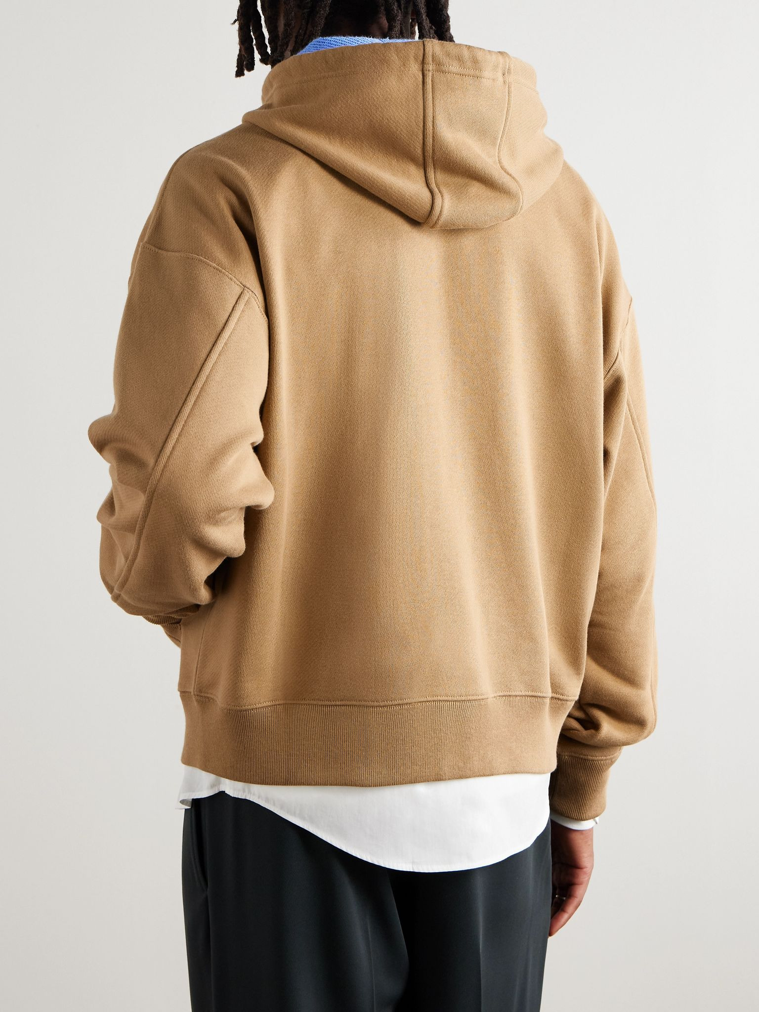 Logo-Embroidered Cotton-Jersey Hoodie Beige - 4