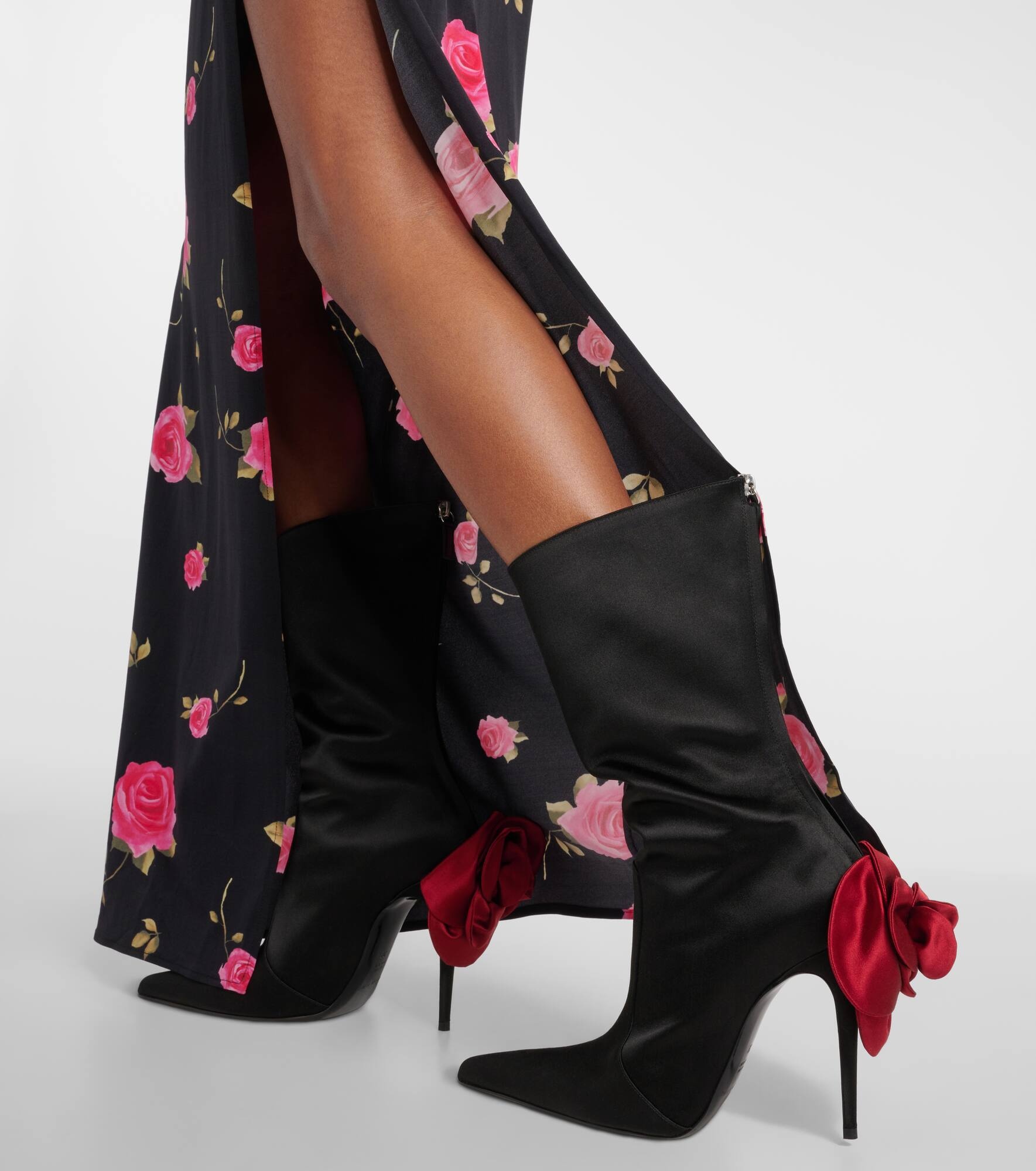 Floral-appliqué satin sock boots - 4