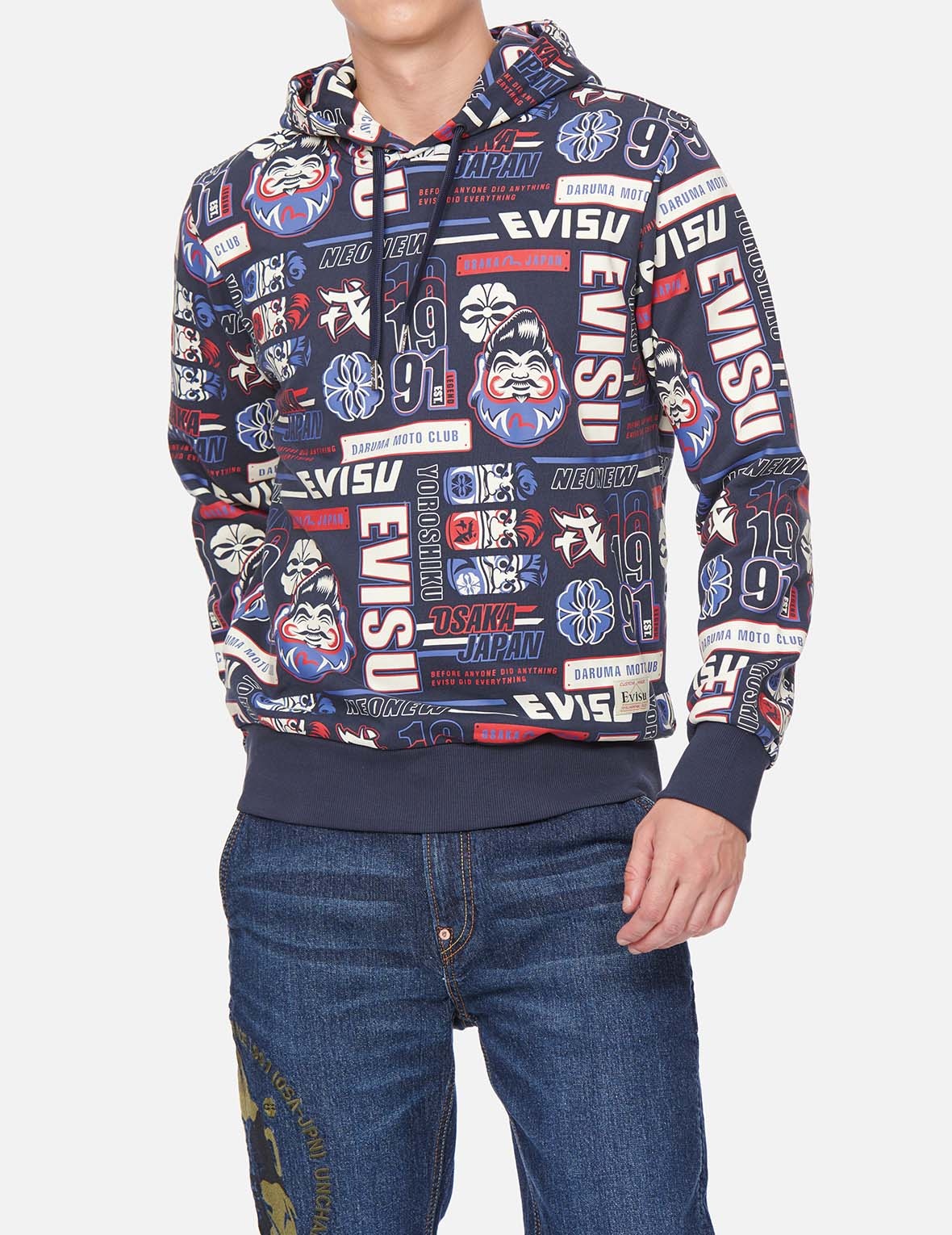 ALLOVER DARUMA AND SLOGAN PRINT HOODED SWEATSHIRT - 3