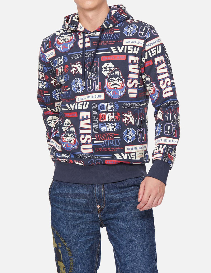 ALLOVER DARUMA AND SLOGAN PRINT HOODED SWEATSHIRT 3