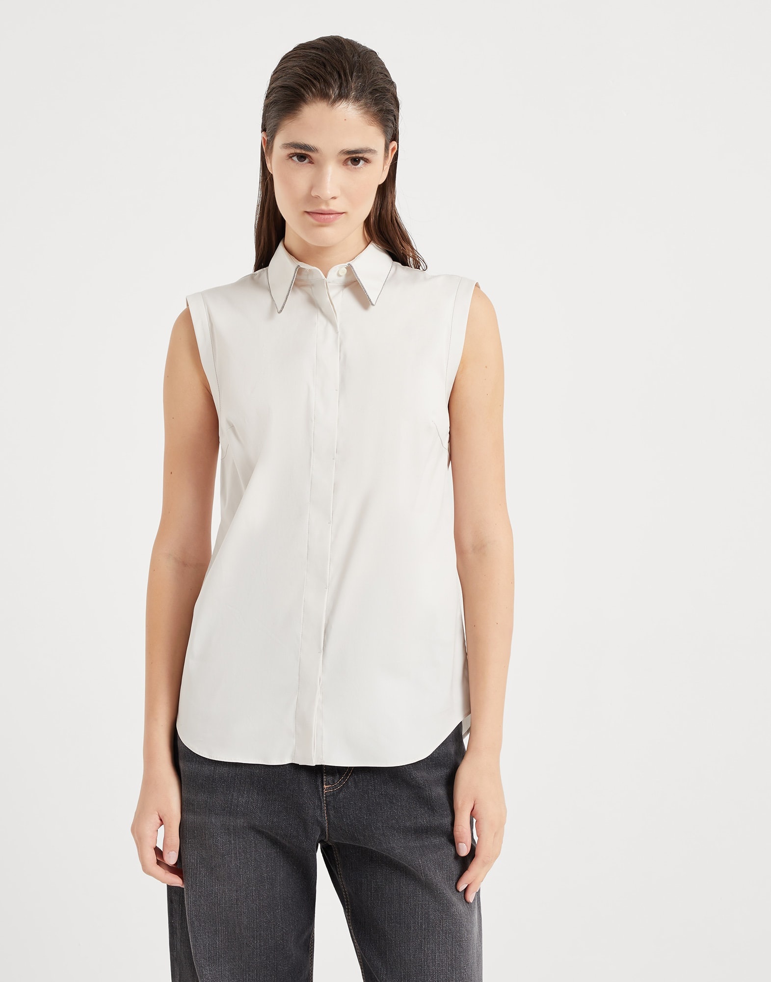 Stretch cotton poplin sleeveless shirt with shiny trim - 1