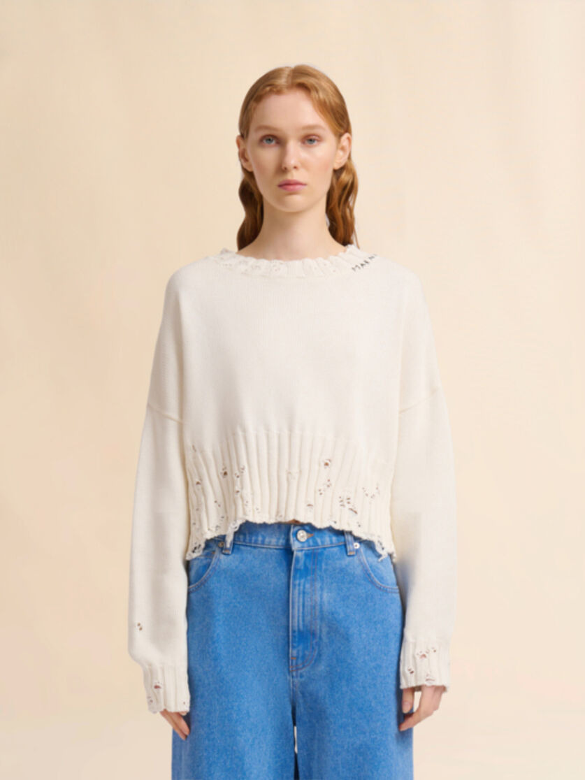 WHITE DISHEVELLED COTTON CROPPED JUMPER - 2
